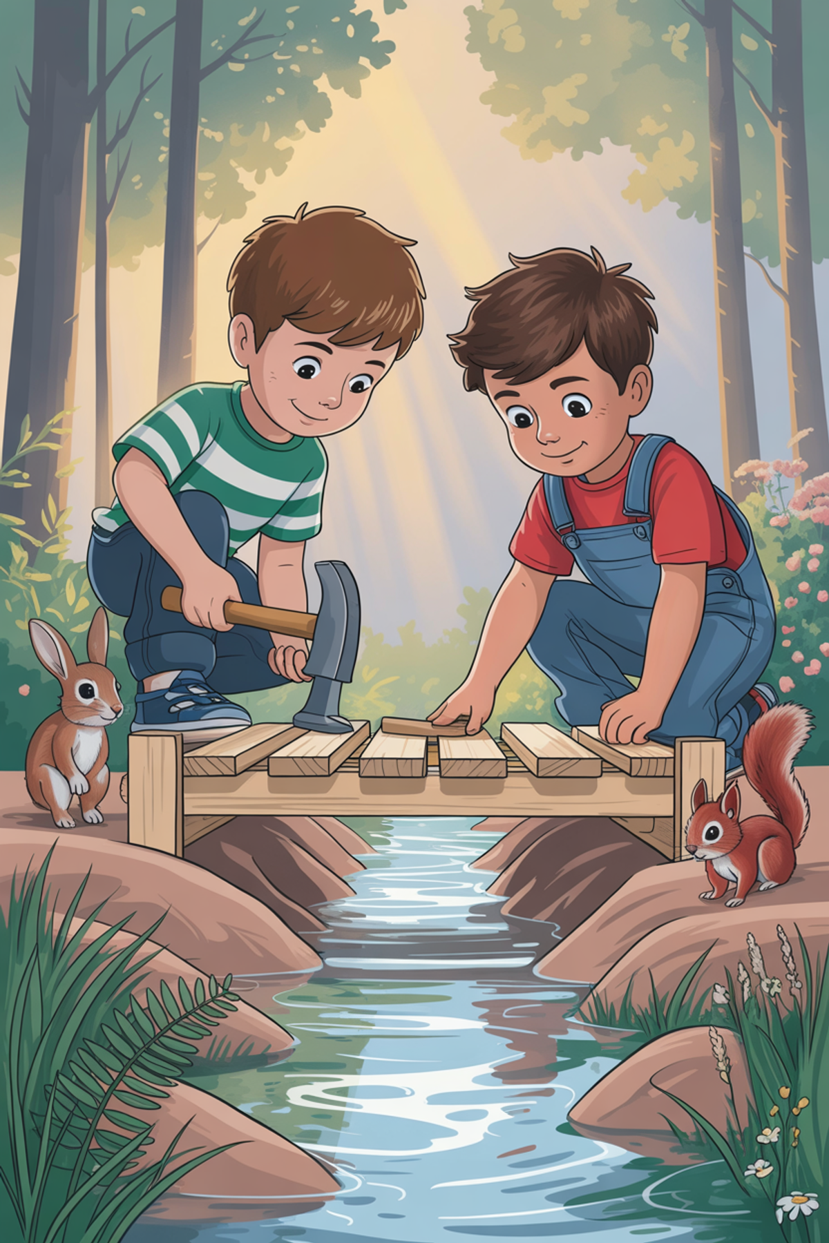 Illustration zur Gute-Nacht-Geschichte „Die Brücke, die wir zusammen bauten - eine Kindergeschichte über Freundschaft und Zusammenhalt“