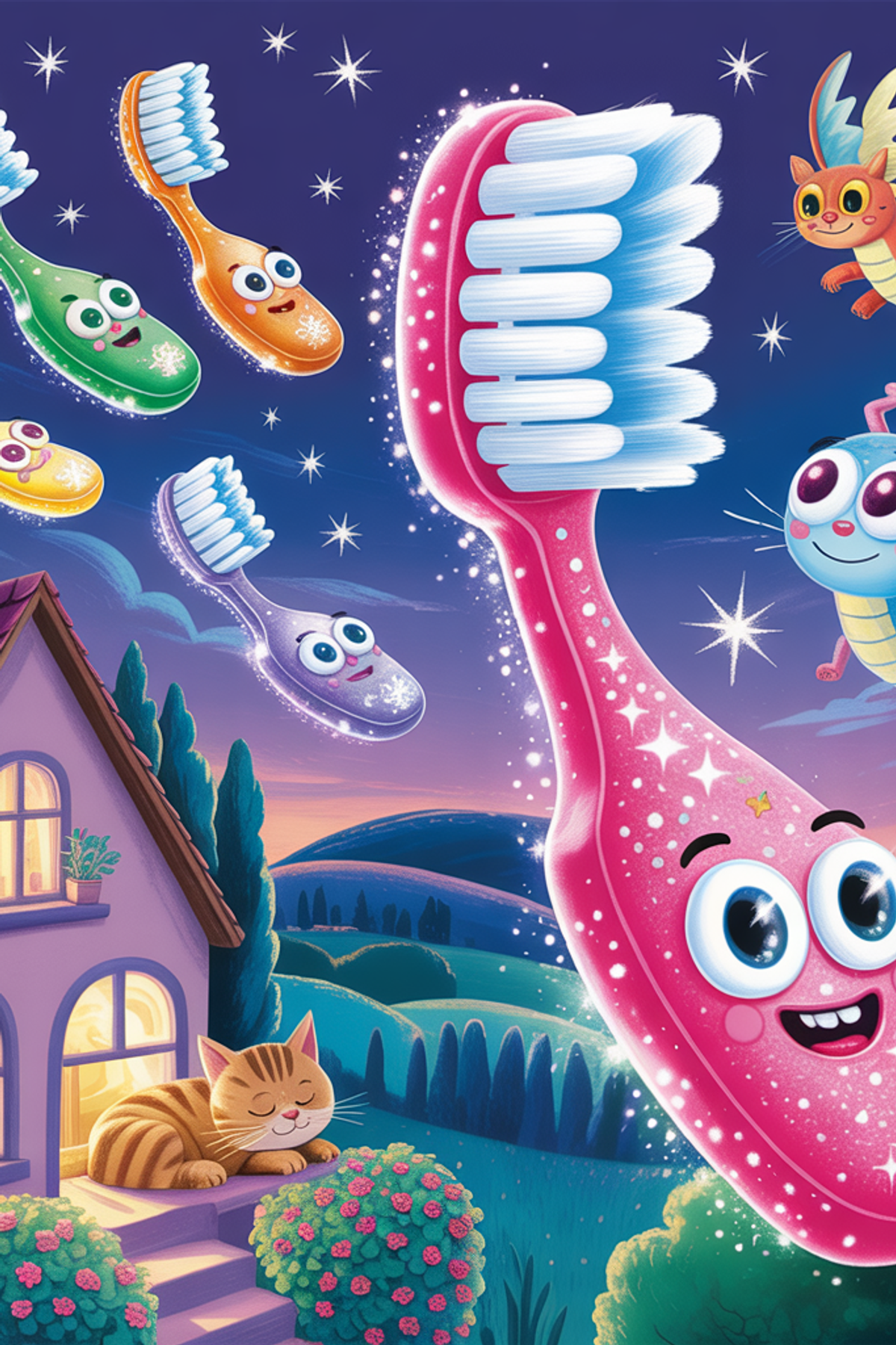 Illustration zur Gute-Nacht-Geschichte „Die fliegende Zahnbürste von Oma Erna - Gute-Nacht-Geschichte“