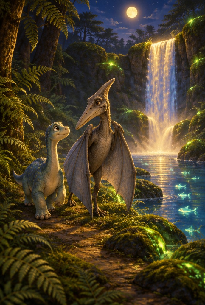 Illustration zur Gute-Nacht-Geschichte „Die kleine Dinosaurierin und der versteckte Wasserfall“