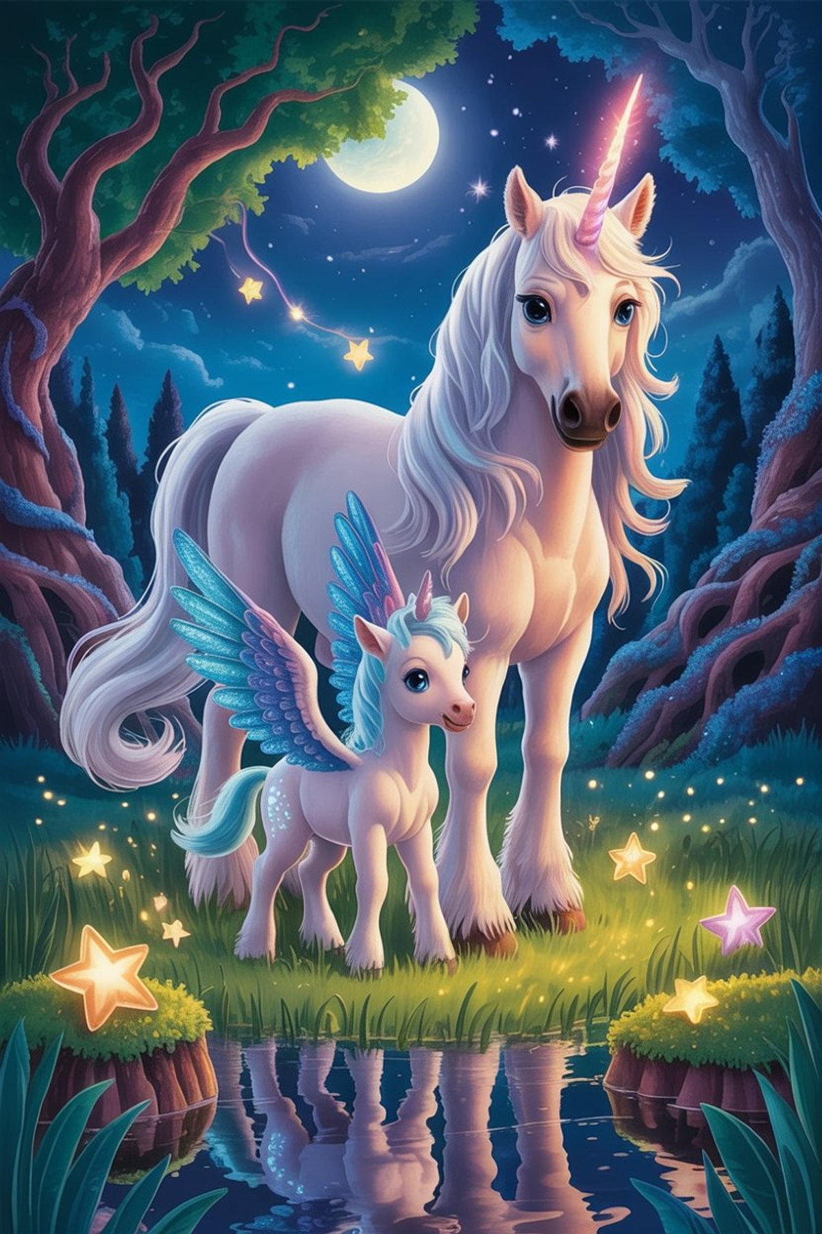 Illustration zur Gute-Nacht-Geschichte „Luna und ihre kleine Schwester Saphira - eine Gute-Nacht-Geschichten mit Einhörner und Pferden“