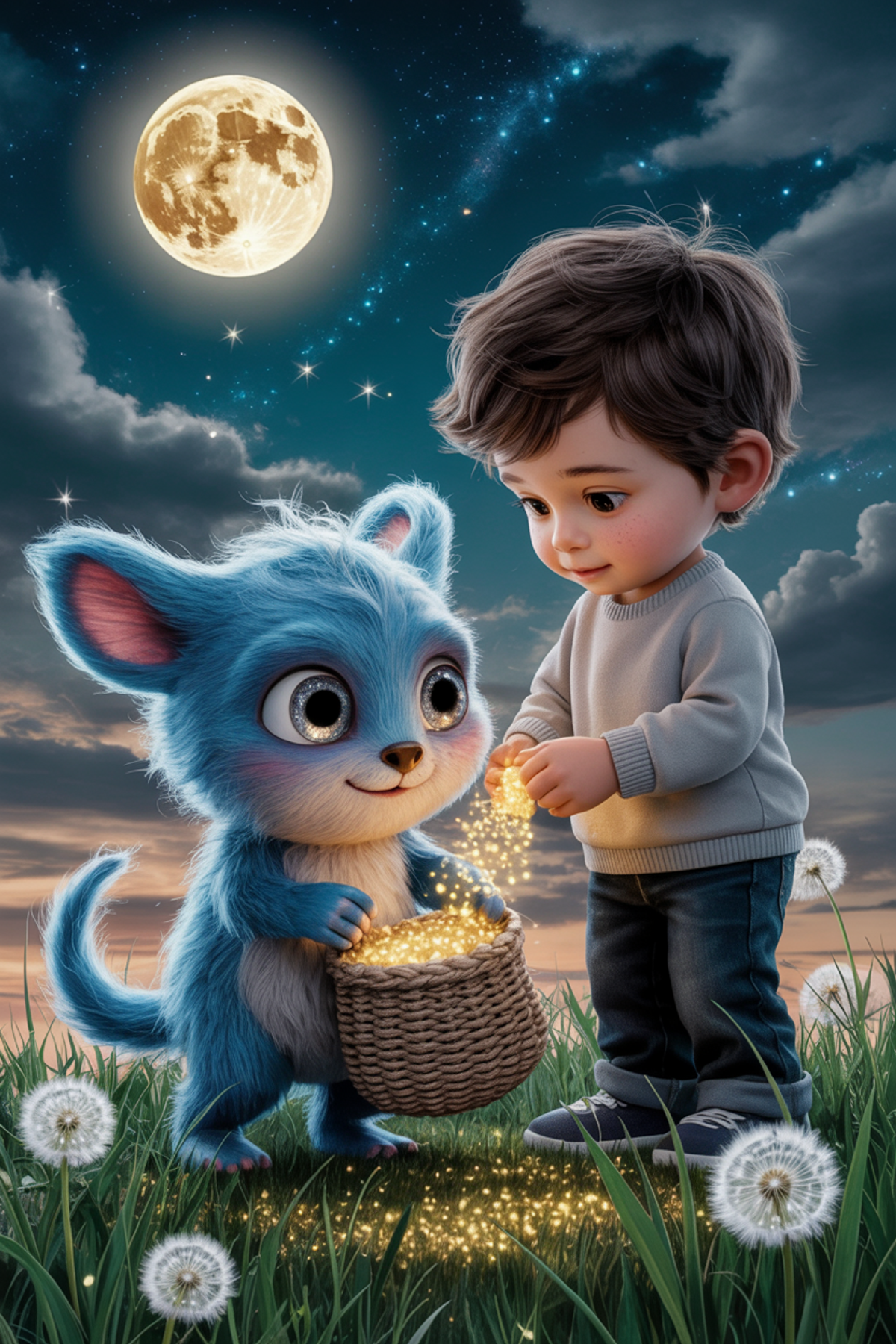 Illustration zur Gute-Nacht-Geschichte „Lenny und das Monster, das Sternenstaub sammelte - eine Gute-Nacht-Geschichte mit niedlichen Monstern“