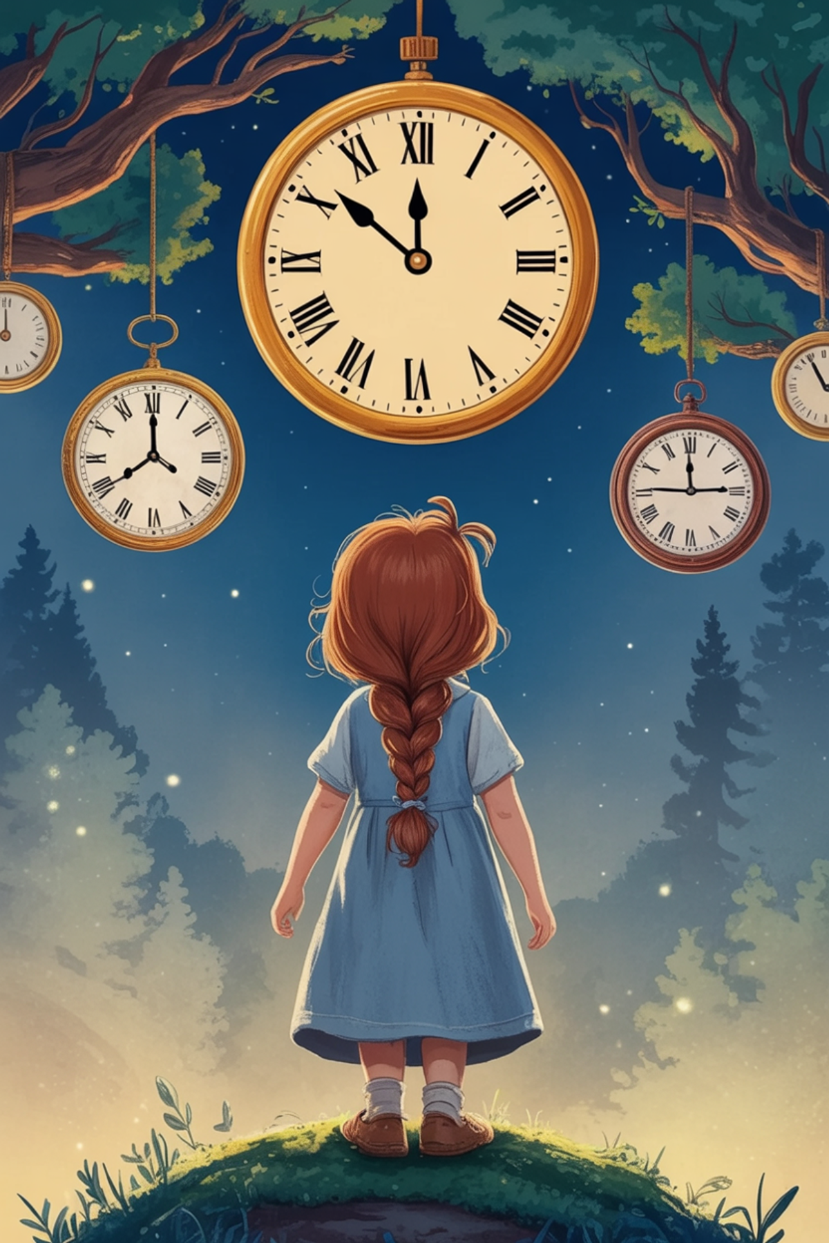 Illustration zur Gute-Nacht-Geschichte „Die Nachtuhr, die rückwärts tickte - eine erzählerische Geschichte für Kinder“