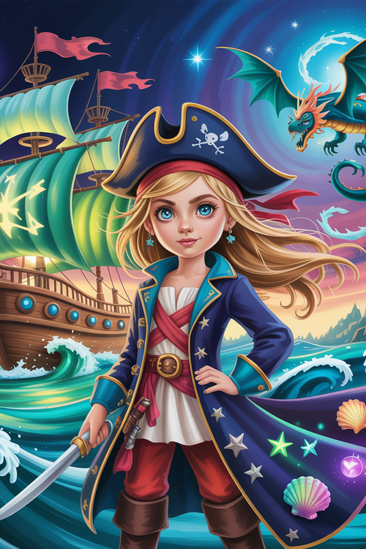 Illustration zur Gute-Nacht-Geschichte „Mina, die Piratenkönigin der sieben Weltmeere - Gute-Nacht-Geschichte“