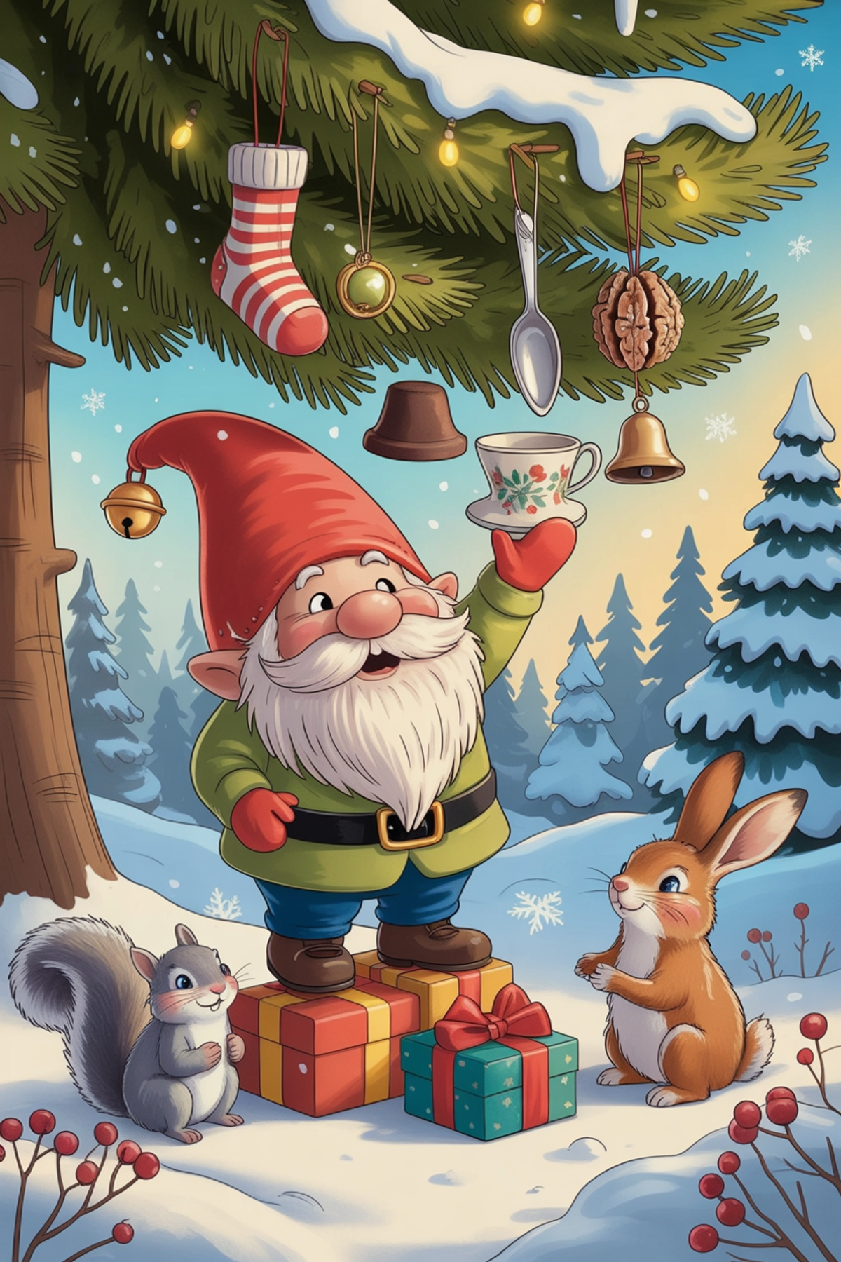 Illustration zur Gute-Nacht-Geschichte „Kalle Klabautermann schmückt den größten Weihnachtsbaum - eine lustige Gute-Nacht-Geschichte zu Weihnachten“