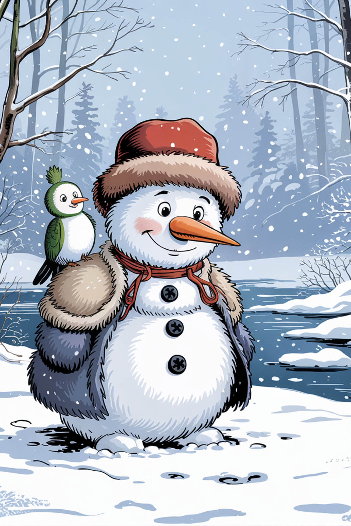 Illustration zur Gute-Nacht-Geschichte „Der traurige Schneemann und sein neuer Freund“