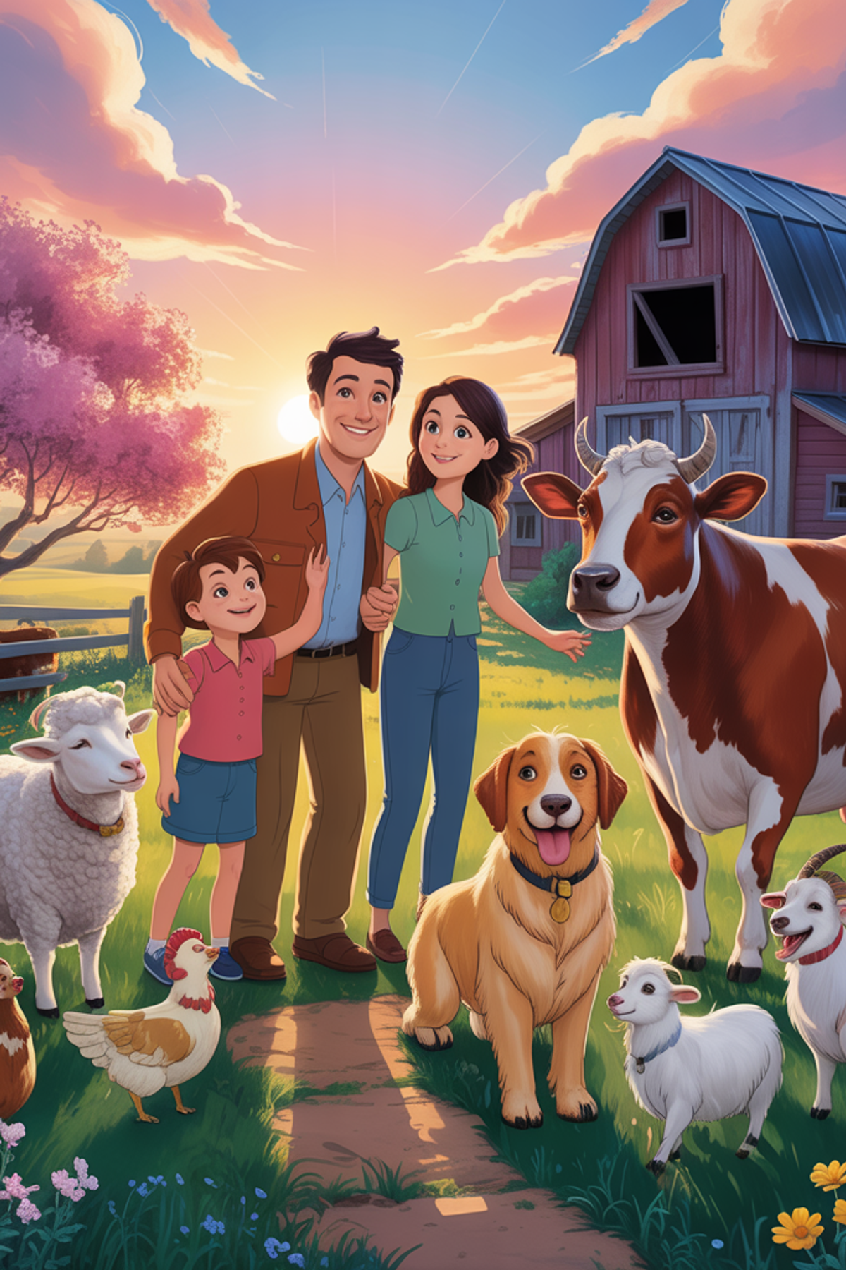 Illustration zur Gute-Nacht-Geschichte „Familie Reichel kauft eine Farm - eine tierische Kindergeschichte zum Vorlesen“