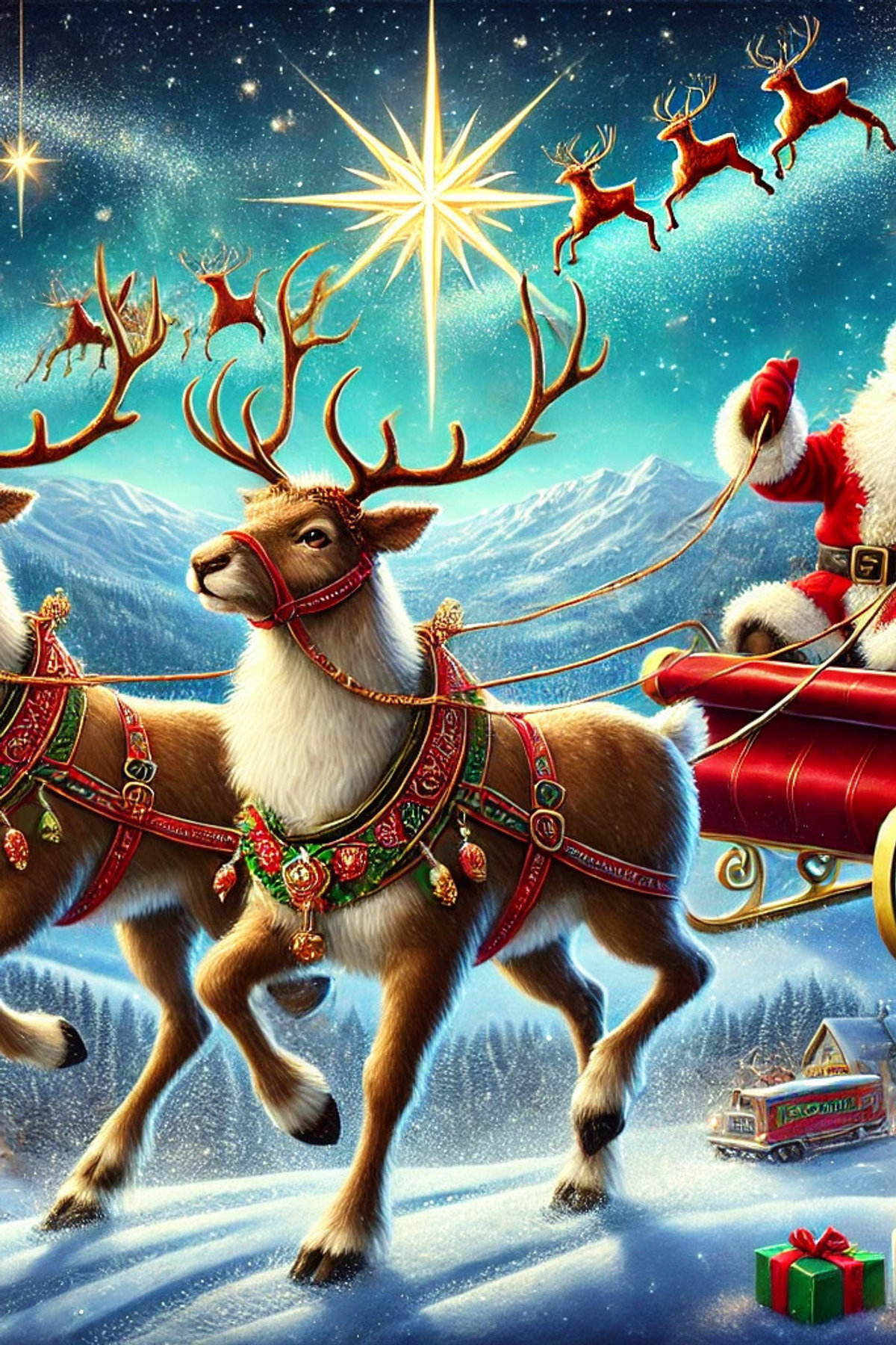 Illustration zur Gute-Nacht-Geschichte „Donner und Blitzen, die Weihnachtsrentiere“