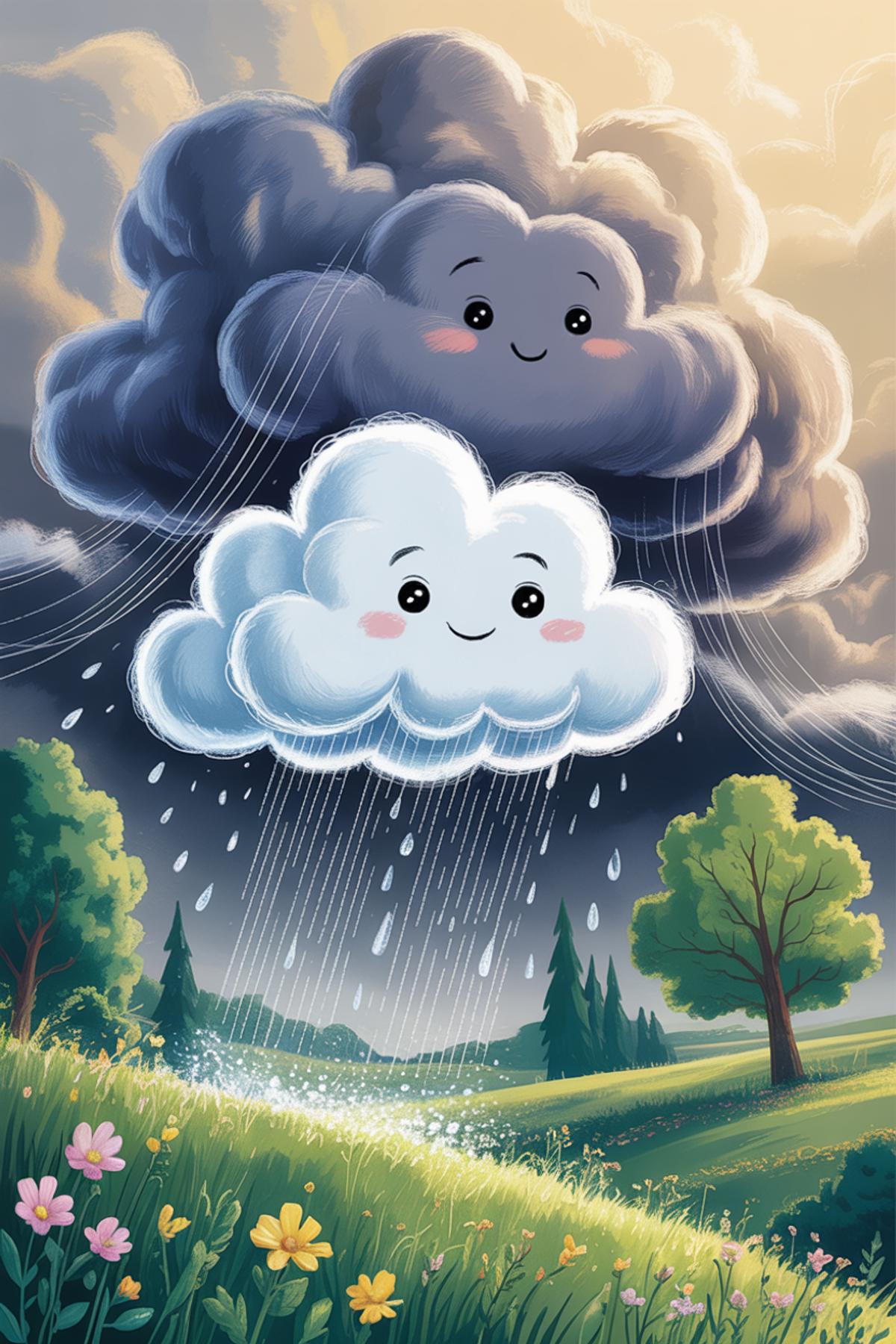 Illustration zur Gute-Nacht-Geschichte „Die kleine Wolke Fluffy und der Regen - eine kuschelige Gute-Nacht-Geschichte“