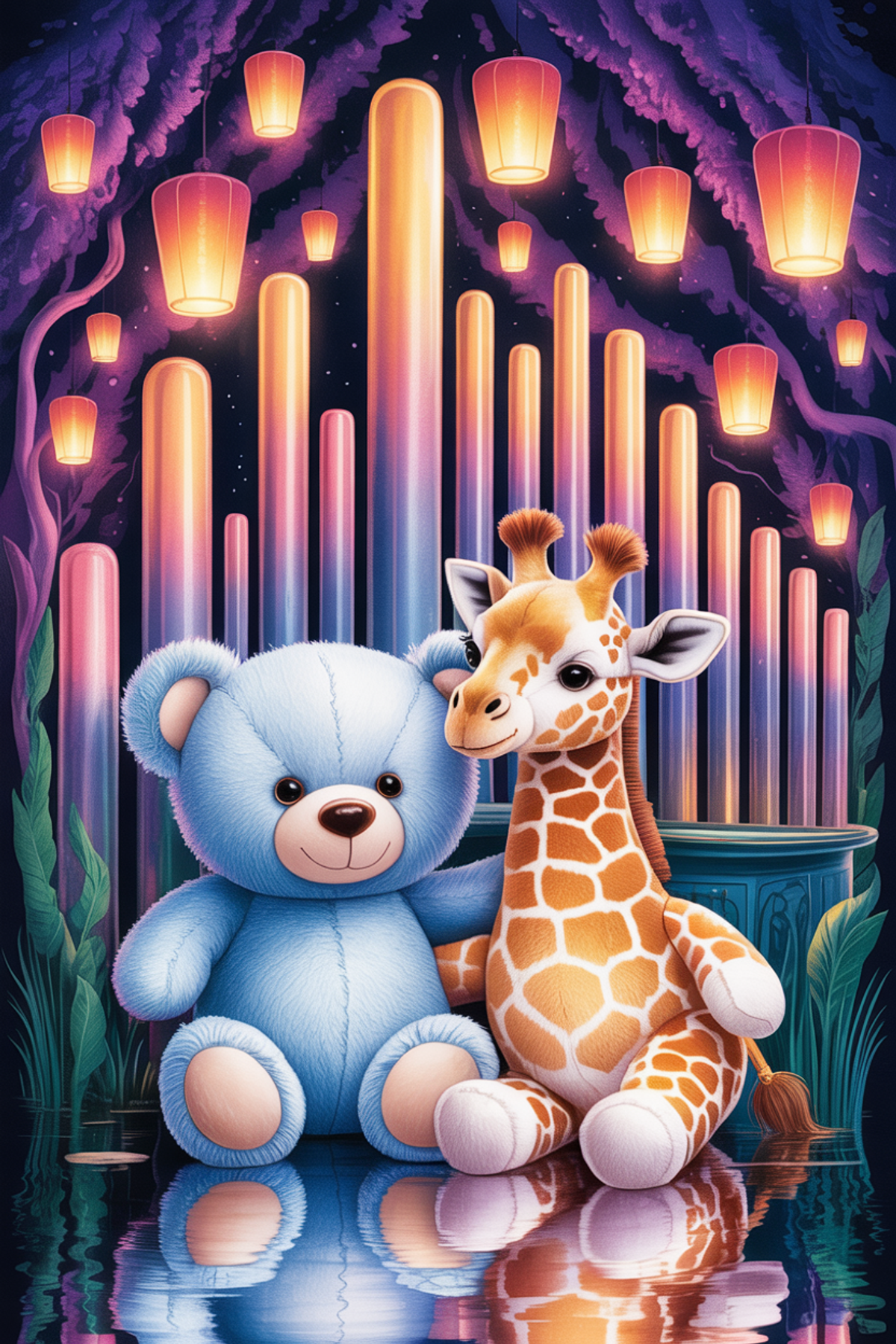 Illustration zur Gute-Nacht-Geschichte „Teddy und Giraffe im Regenbogenland - eine bunte Kuscheltiergeschichte für Kinder“