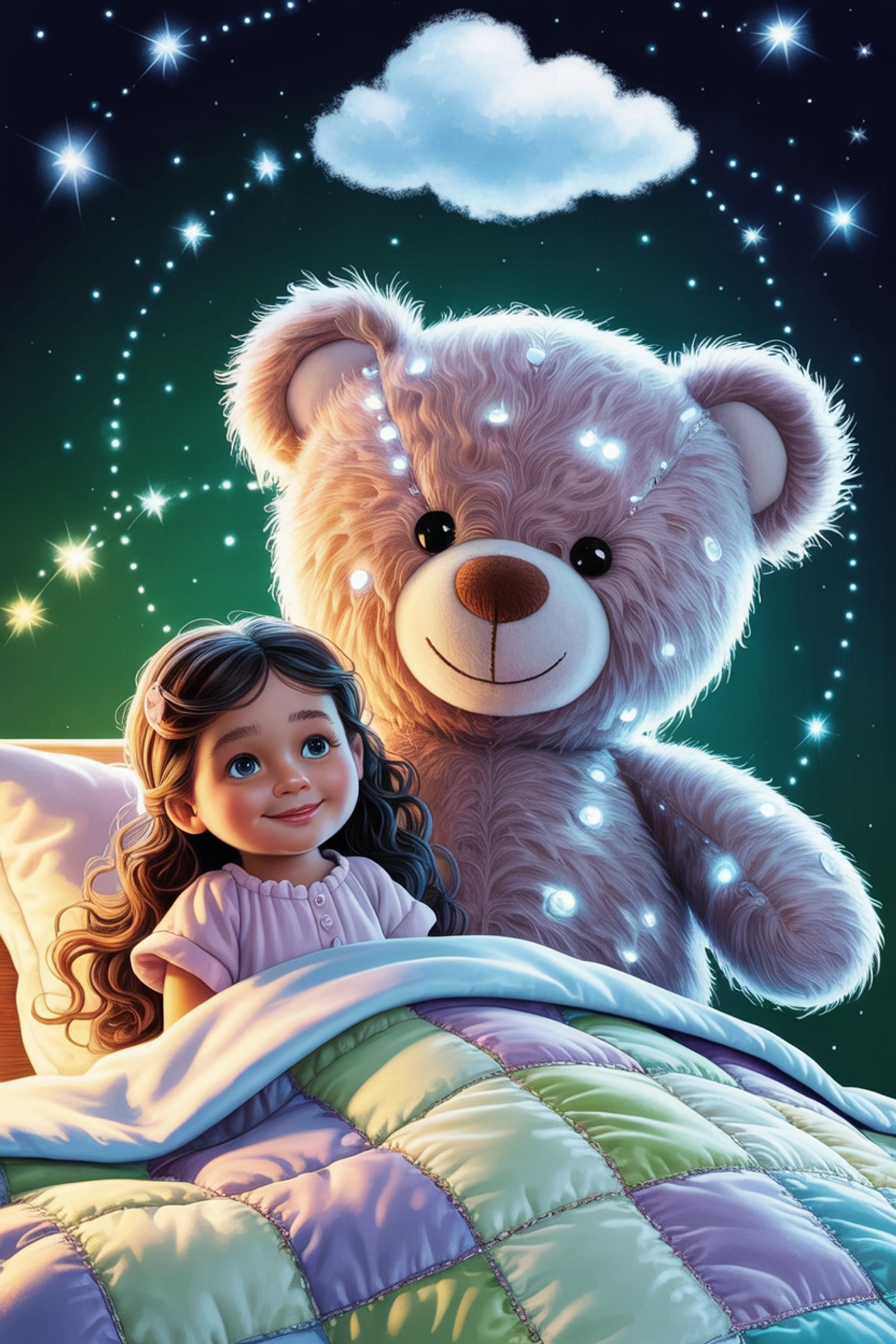 Illustration zur Gute-Nacht-Geschichte „Der Teddy mit den 100 Geschichten - eine Geschichte mit Herz“