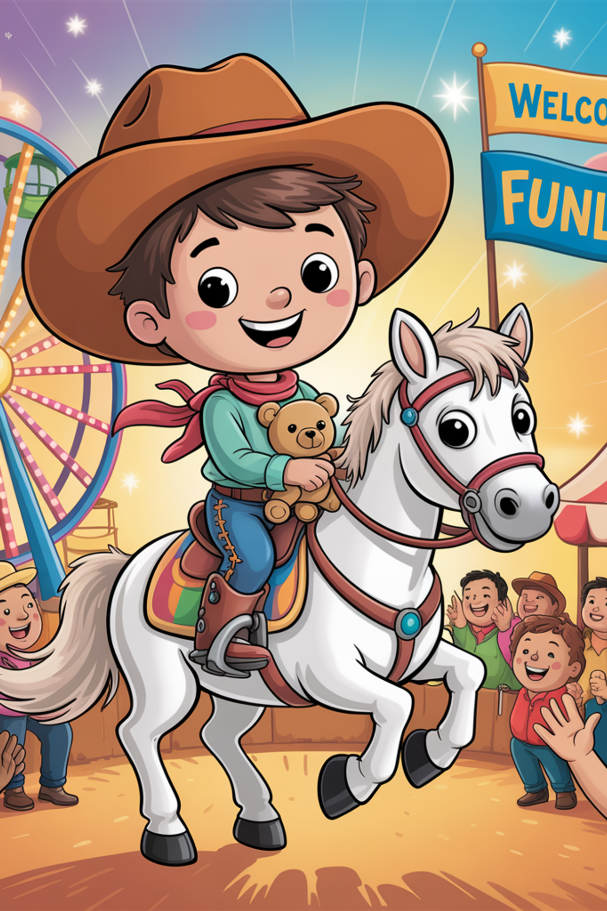 Illustration zur Gute-Nacht-Geschichte „Der Cowboy, der in einem Riesenrad reiten wollte - lustige Geschichte mit einem Cowboy“