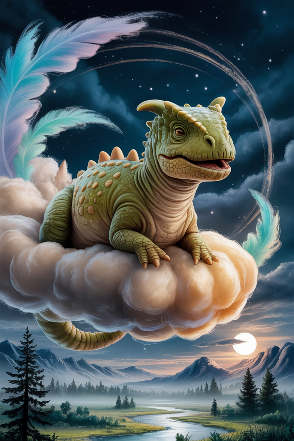 Illustration zur Gute-Nacht-Geschichte „Nora Nodosaurus und die Schlafwolke - eine Dinosaurier Kinder Geschichte zum Träumen“
