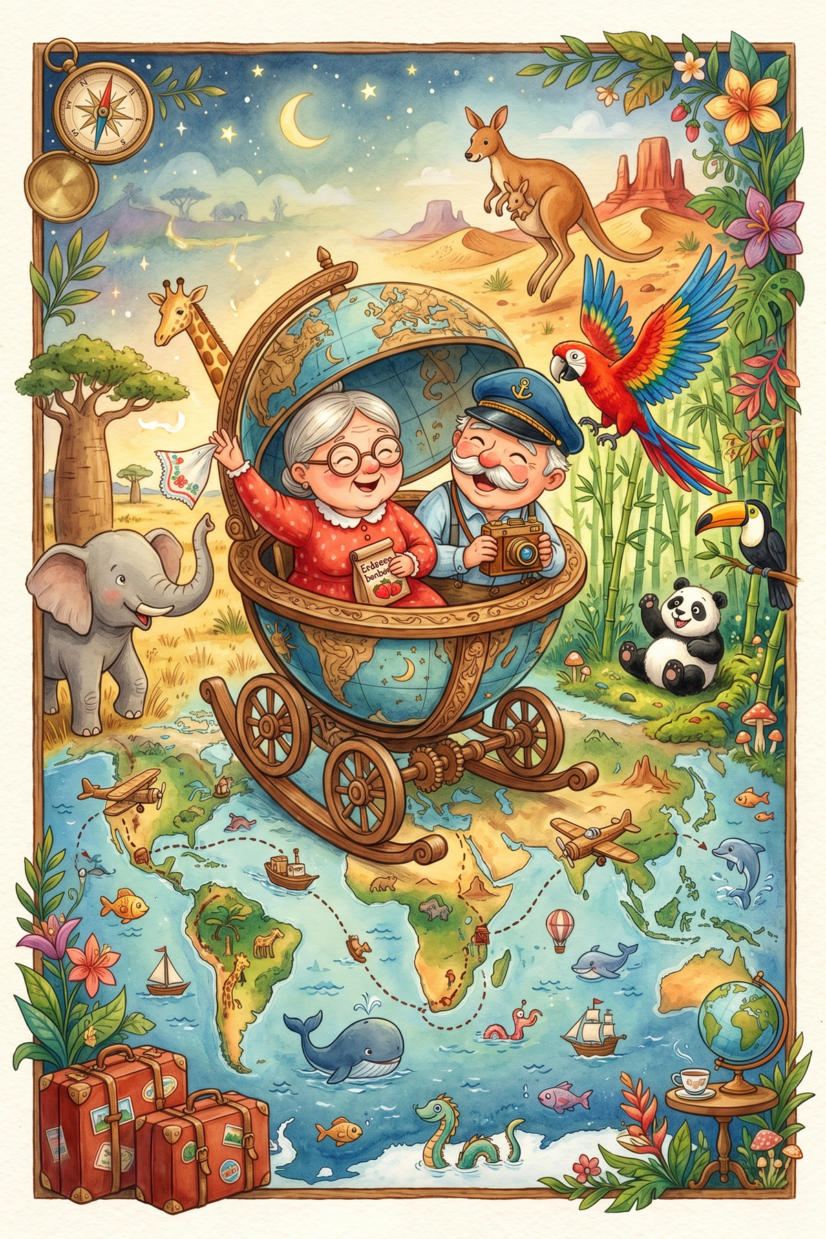 Illustration zur Gute-Nacht-Geschichte „Oma Erna und Opa Wilhelm auf Weltreise - eine liebevolle Einschlafgeschichte für Kinder“