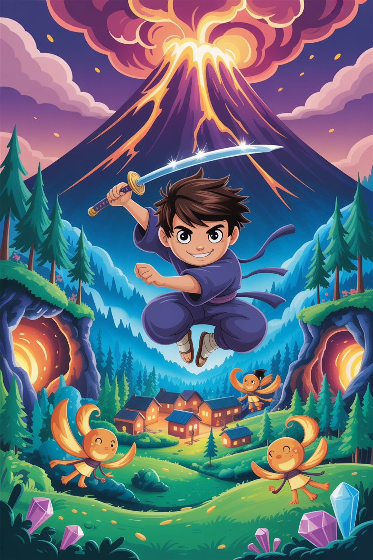 Illustration zur Gute-Nacht-Geschichte „Ren, der kleine Ninja und der grollende Berg - eine Gute-Nacht-Geschichte mit Ninjas“