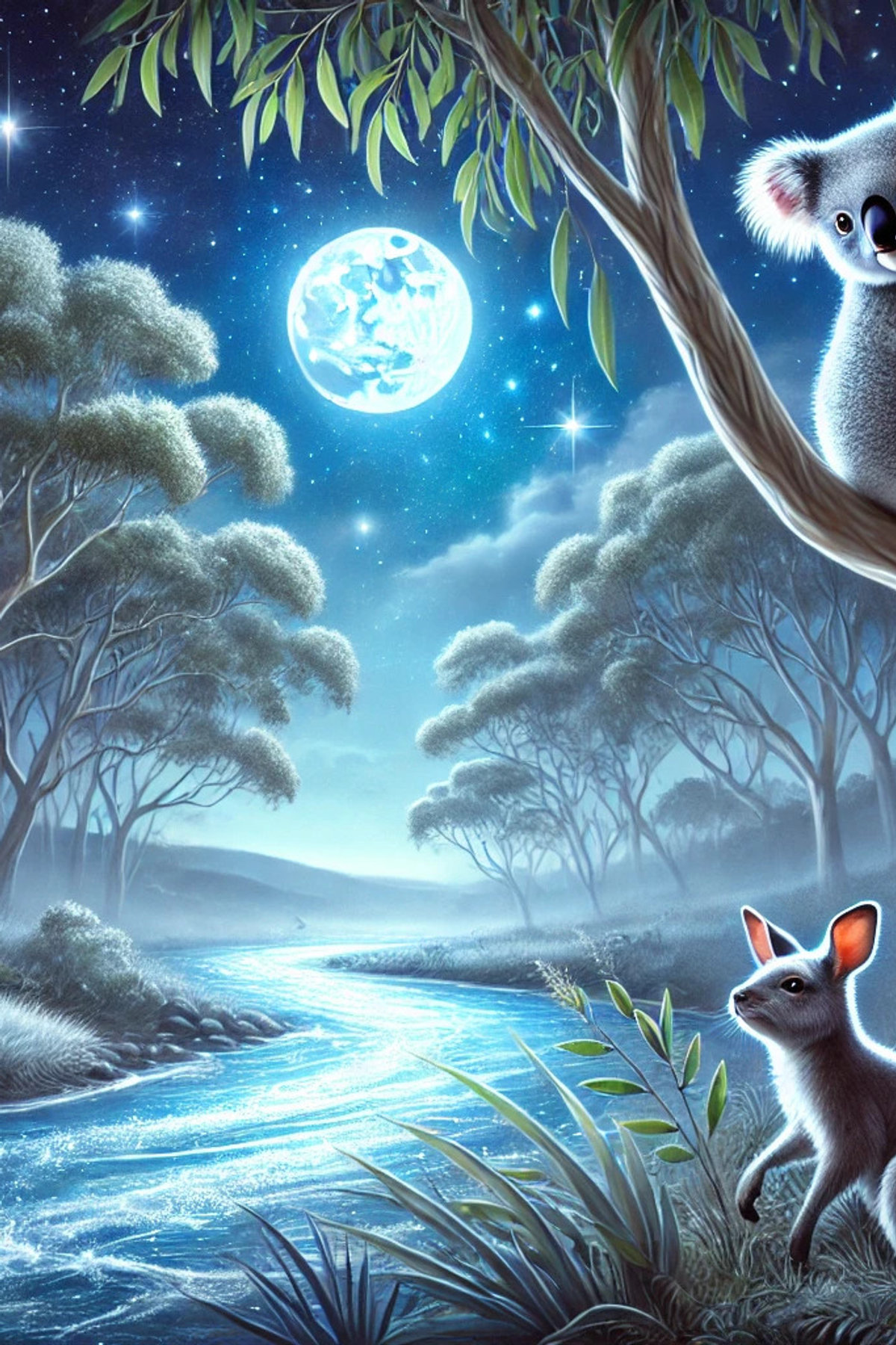 Illustration zur Gute-Nacht-Geschichte „Koala Kimo und die Geheimnisse des Windes“