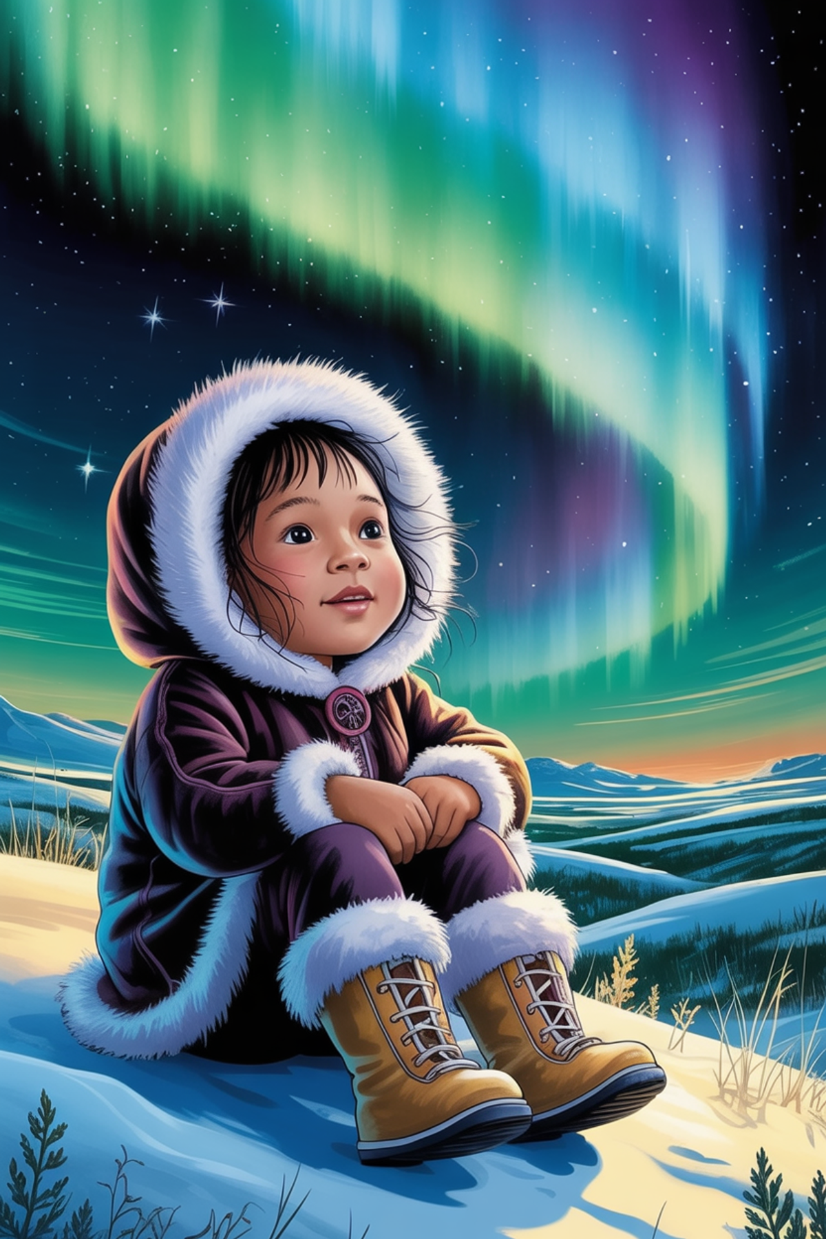 Illustration zur Gute-Nacht-Geschichte „Kuna, das Eskimo-Mädchen und die Nordlichter - eine besonders schöne Gute-Nacht-Geschichte“