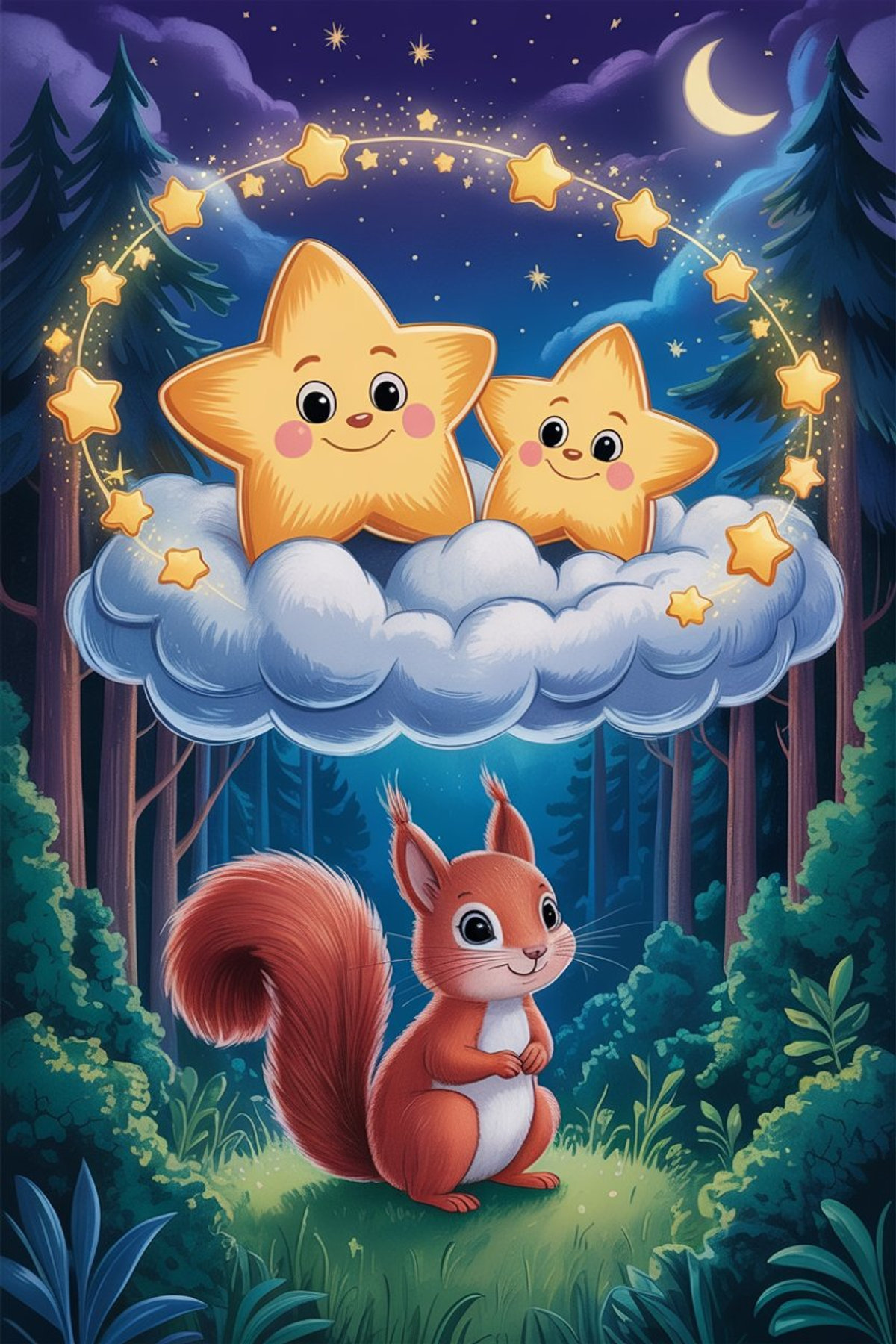 Illustration zur Gute-Nacht-Geschichte „Funkel und Schein, die zwei Glückssterne - eine schöne Gute-Nacht-Geschichte“
