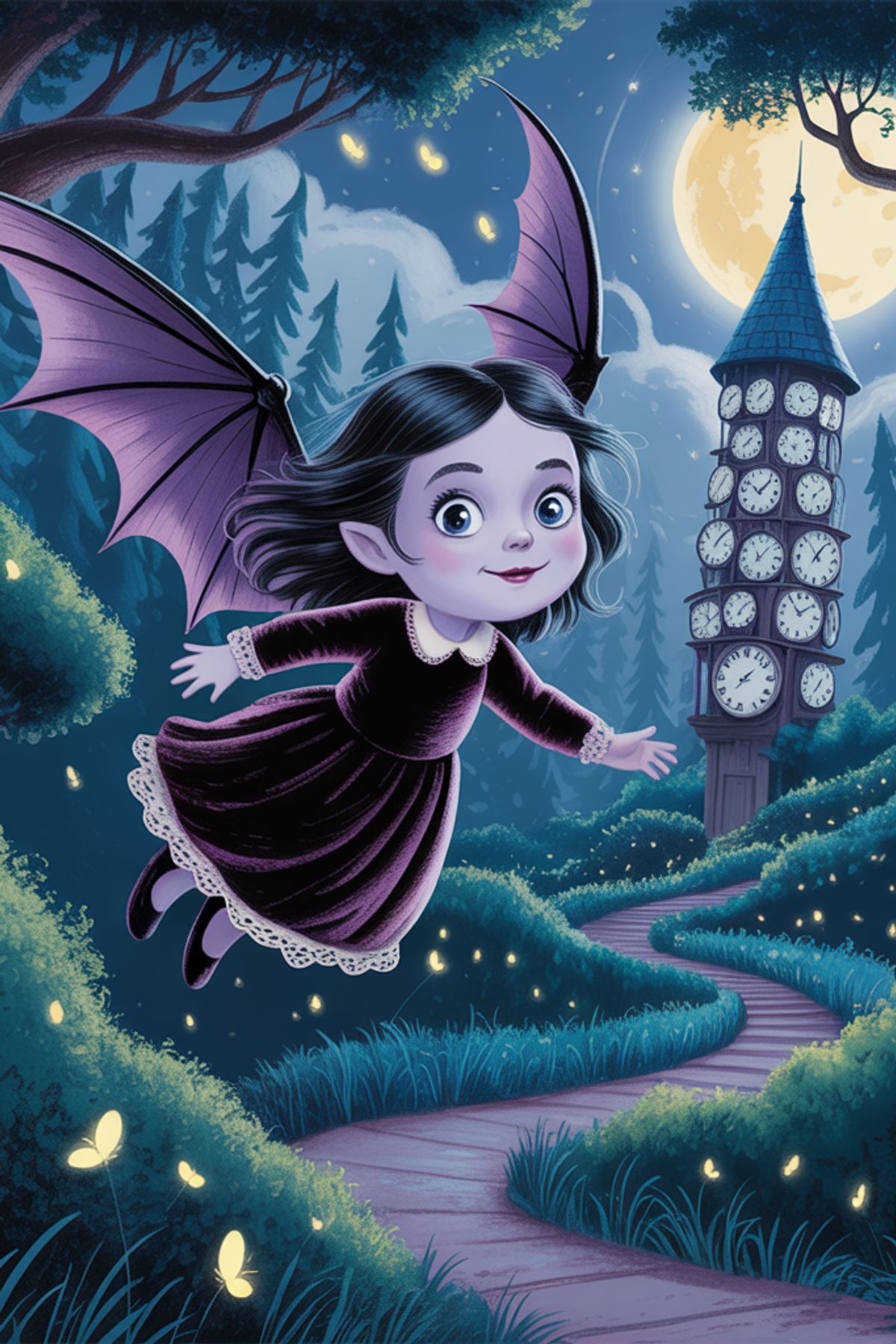 Illustration zur Gute-Nacht-Geschichte „Vampirchen Violetta will schlafen - Gute-Nacht-Geschichte“