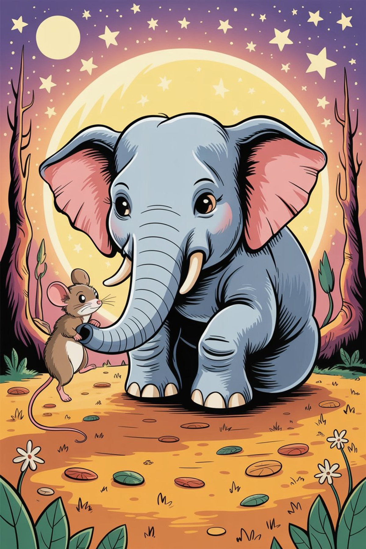 Illustration zur Gute-Nacht-Geschichte „Als der Elefant die winzige Maus retten musste - eine klitzekleine Gute-Nacht-Geschichte“