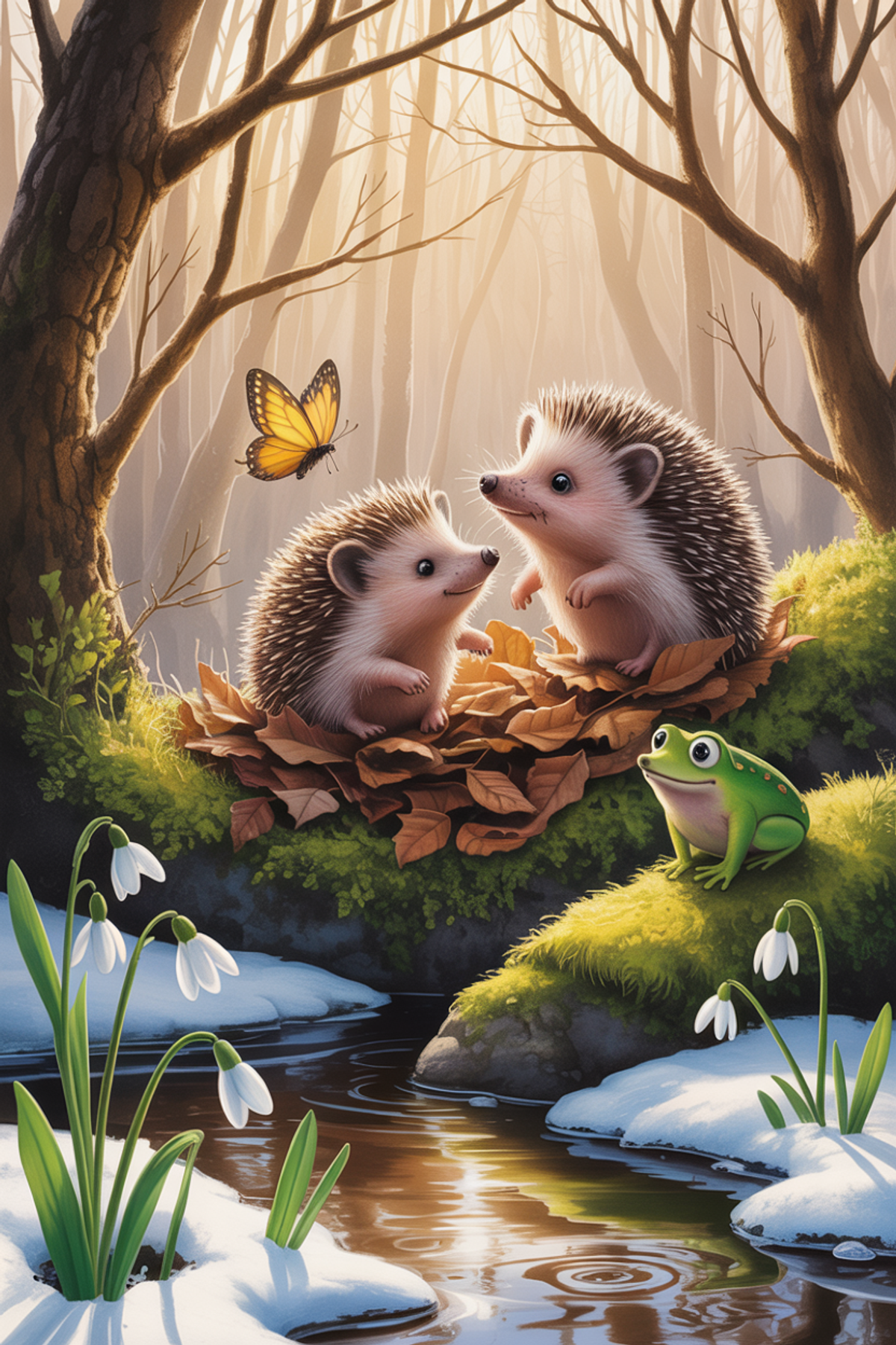 Illustration zur Gute-Nacht-Geschichte „Pipp und Gibi finden den Frühling - eine Kindergeschichte mit Igeln“