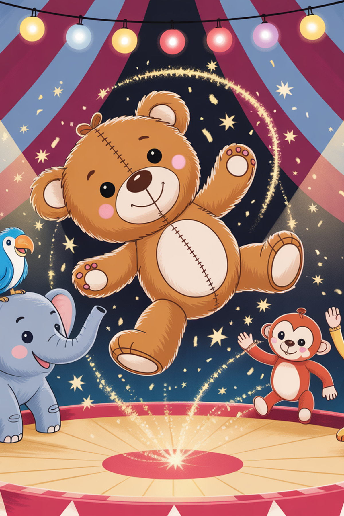 Illustration zur Gute-Nacht-Geschichte „Der Teddybär, der im Zirkus auftrat - eine kuschelige Geschichte zum Vorlesen“