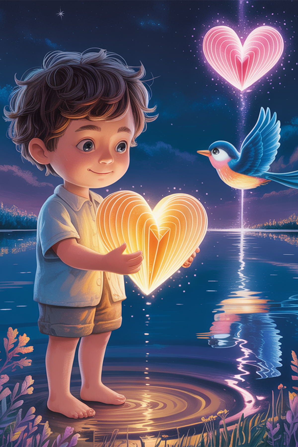 Illustration zur Gute-Nacht-Geschichte „Noah und das Herz aus Papier - Kinder-Gute-Nacht-Geschichte“
