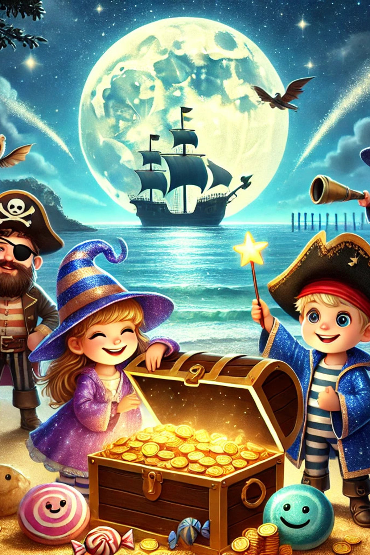 Illustration zur Gute-Nacht-Geschichte „Tim und Mia's Piratenabenteuer an Halloween“