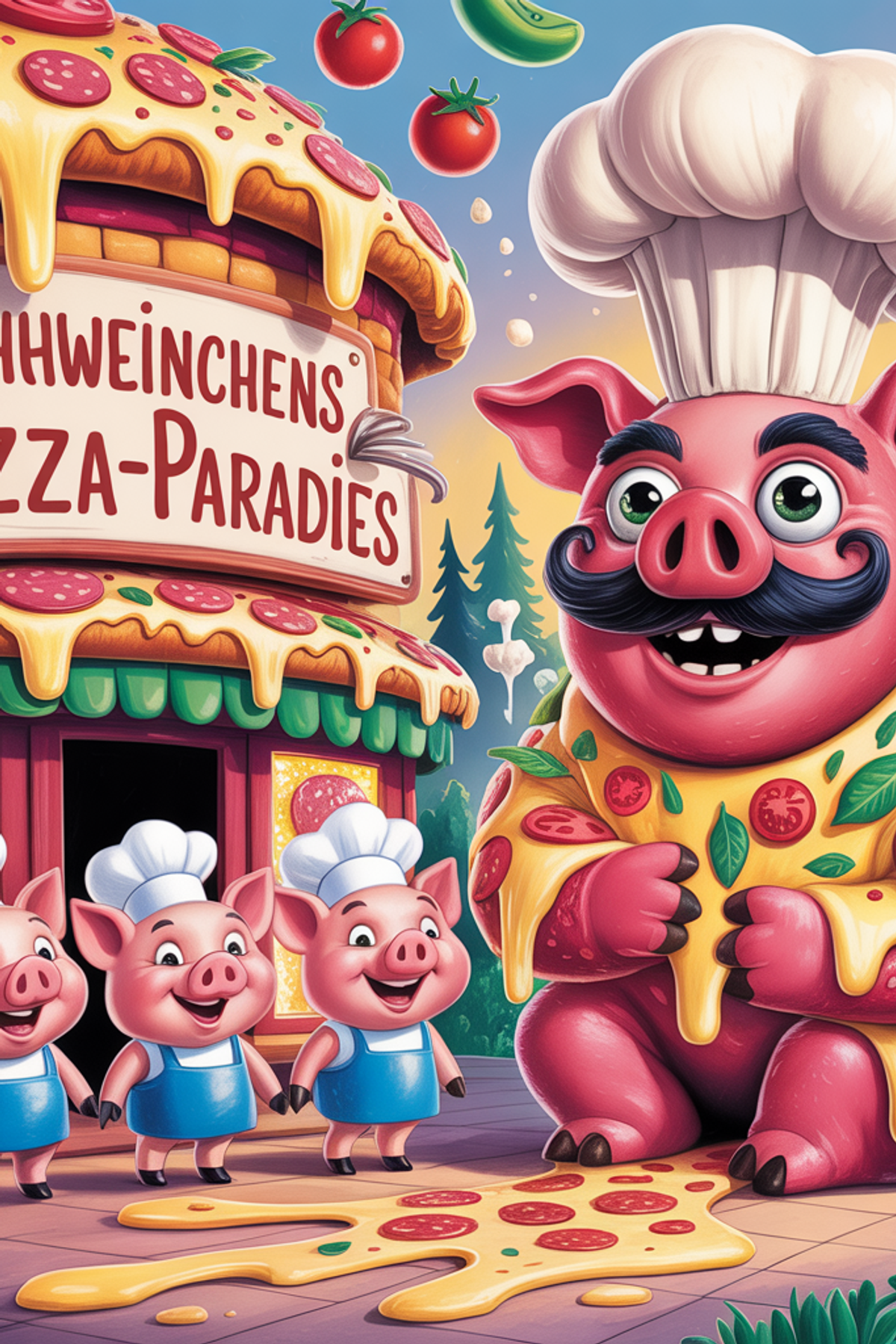Illustration zur Gute-Nacht-Geschichte „Die drei kleinen Schweinchen und das Pizza-Monster - Gute-Nacht-Geschichte“