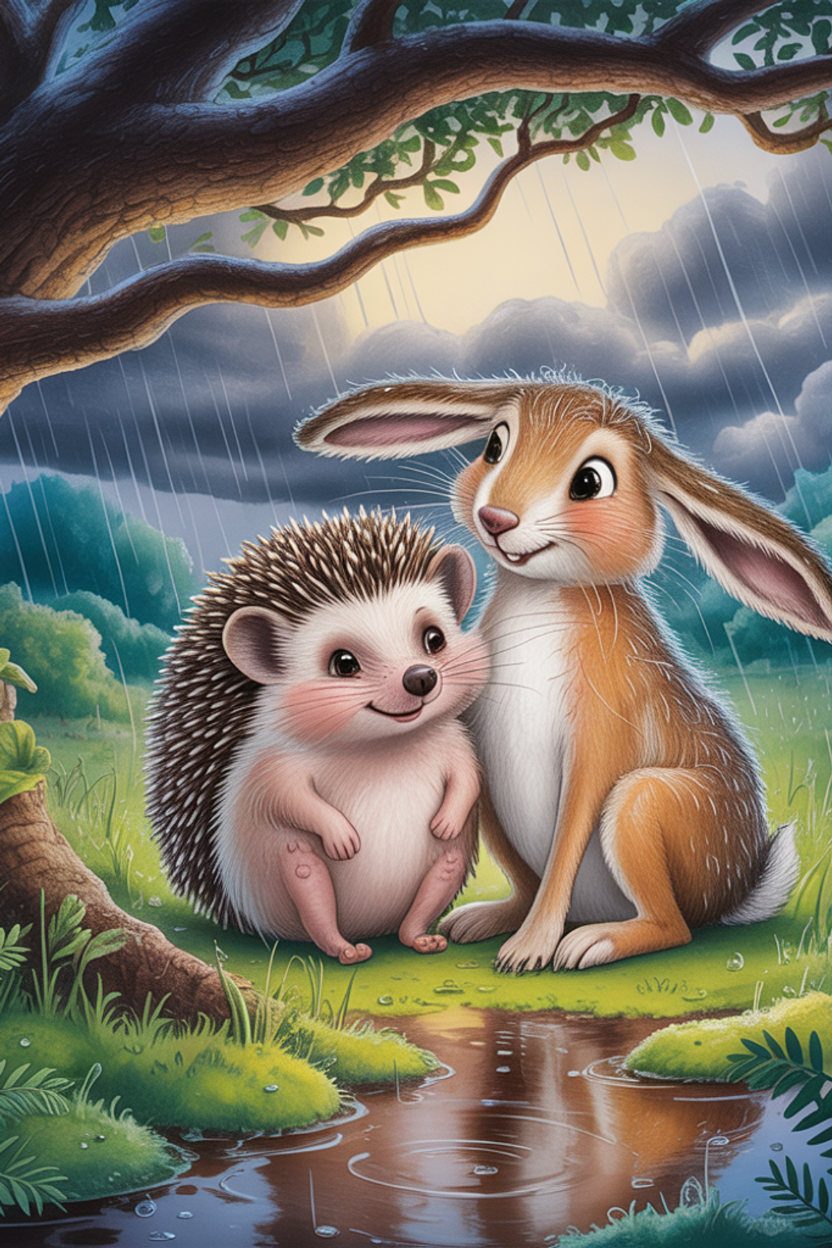 Illustration zur Gute-Nacht-Geschichte „Zwei beste Freunde im Regen - Gute-Nacht-Geschichte“