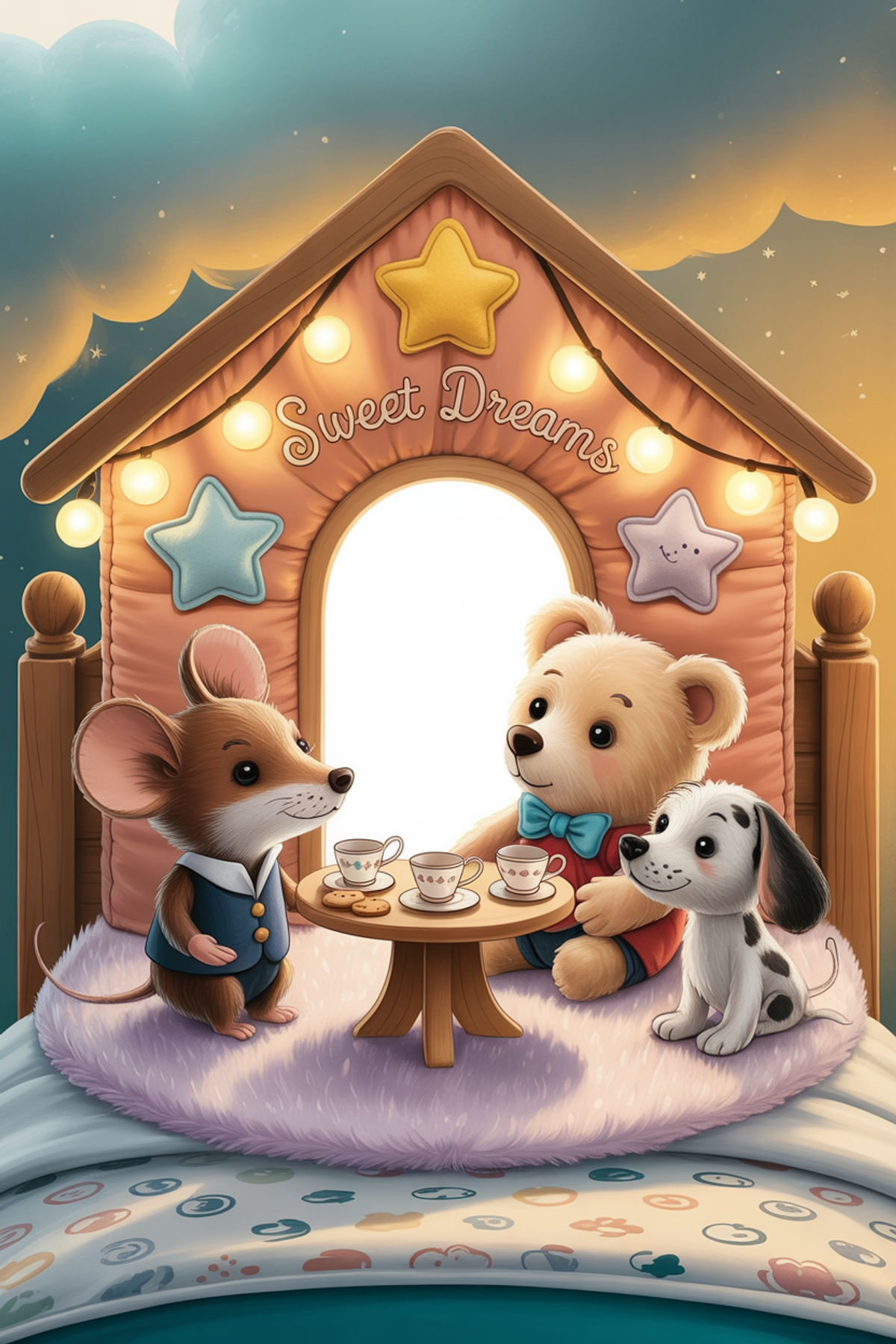 Illustration zur Gute-Nacht-Geschichte „Das Kuscheltierhotel am Ende des Bettes - eine Geschichte mit Kuscheltieren“