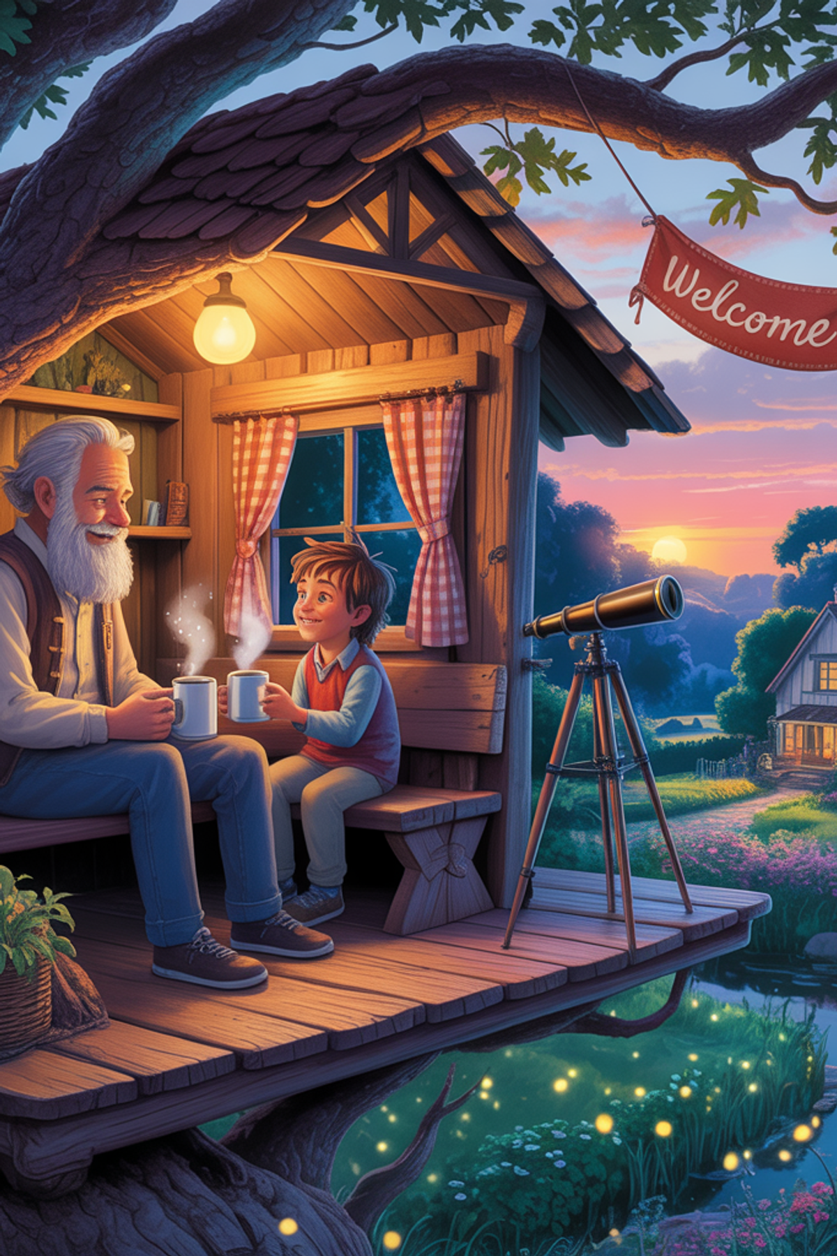Illustration zur Gute-Nacht-Geschichte „Opa baut ein Baumhaus - Gute-Nacht-Geschichte“