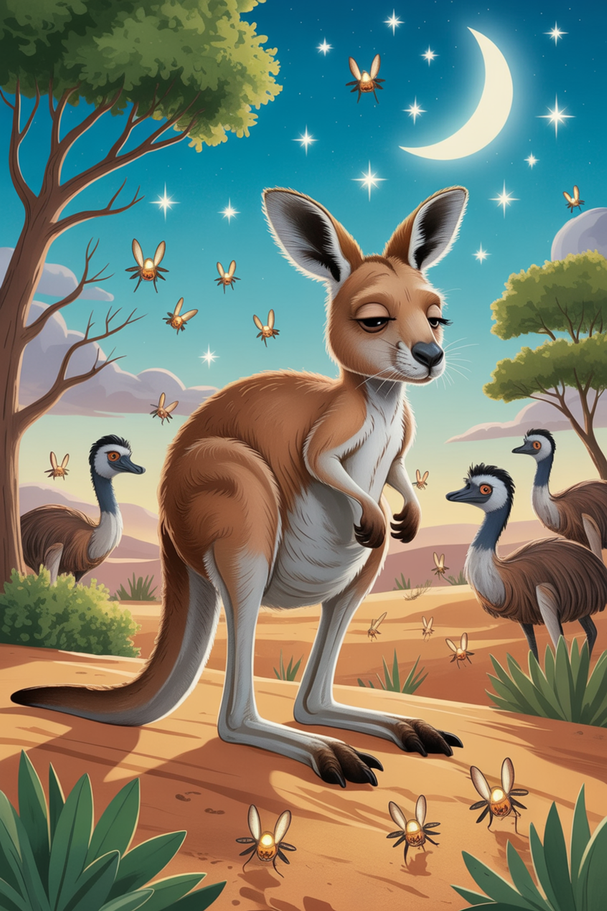 Illustration zur Gute-Nacht-Geschichte „Kalle Känguru, schlafwandelt mal wieder - eine tollpatschige Gute-Nacht-Geschichte“