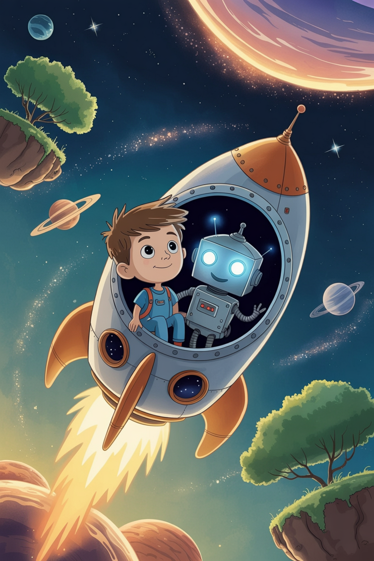 Illustration zur Gute-Nacht-Geschichte „Pauls Reise mit der Rakete durch die Milchstraße - eine astronautische Raketengeschichte zum Vorlesen“
