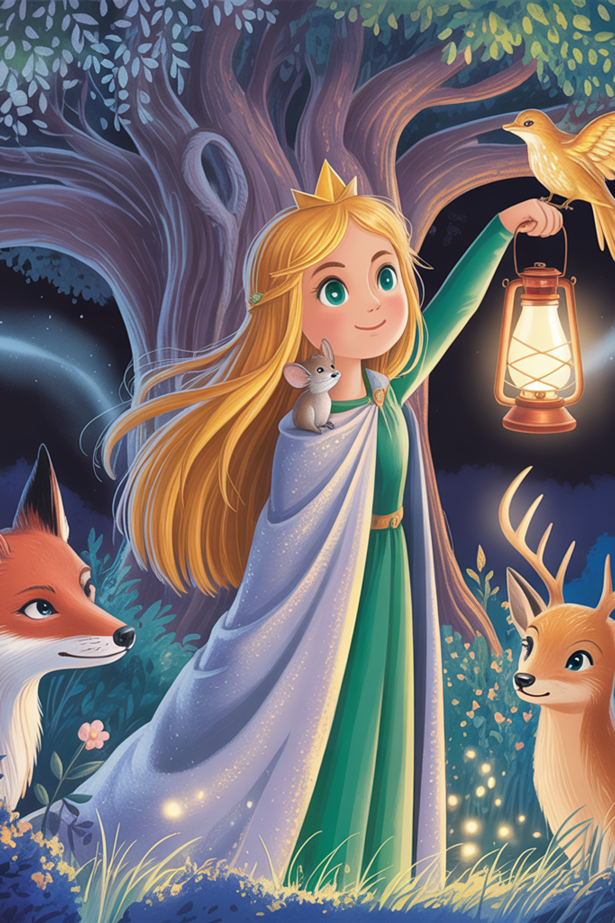 Illustration zur Gute-Nacht-Geschichte „Die Prinzessin, der Vogel und der Düsterwald - Gute-Nacht-Geschichte“