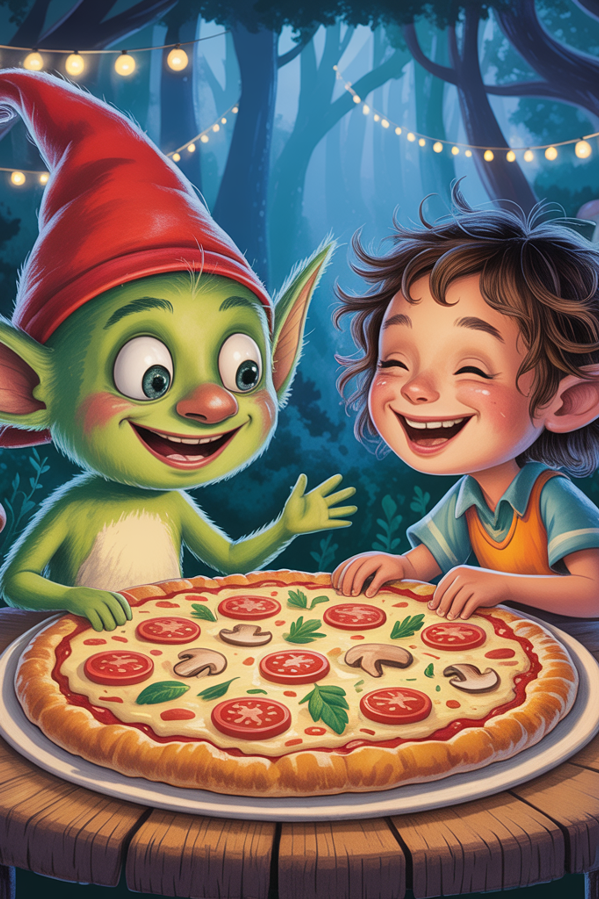Illustration zur Gute-Nacht-Geschichte „Knorbel möchte Pizza probieren - Gute-Nacht-Geschichte“