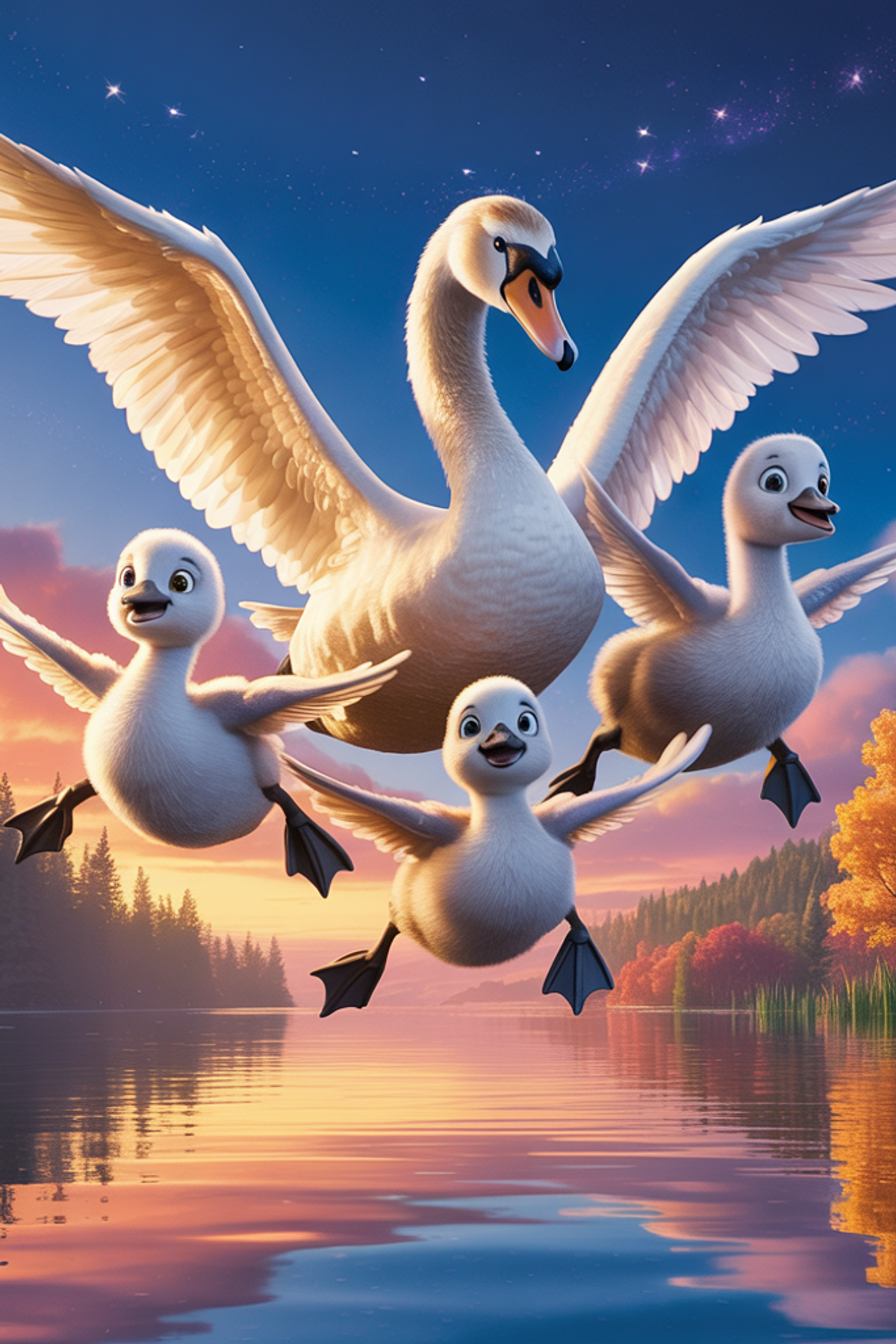 Illustration zur Gute-Nacht-Geschichte „Familie Schwan fliegt zum ersten Mal in den Süden - eine tierische Gute-Nacht-Geschichte für Kinder“