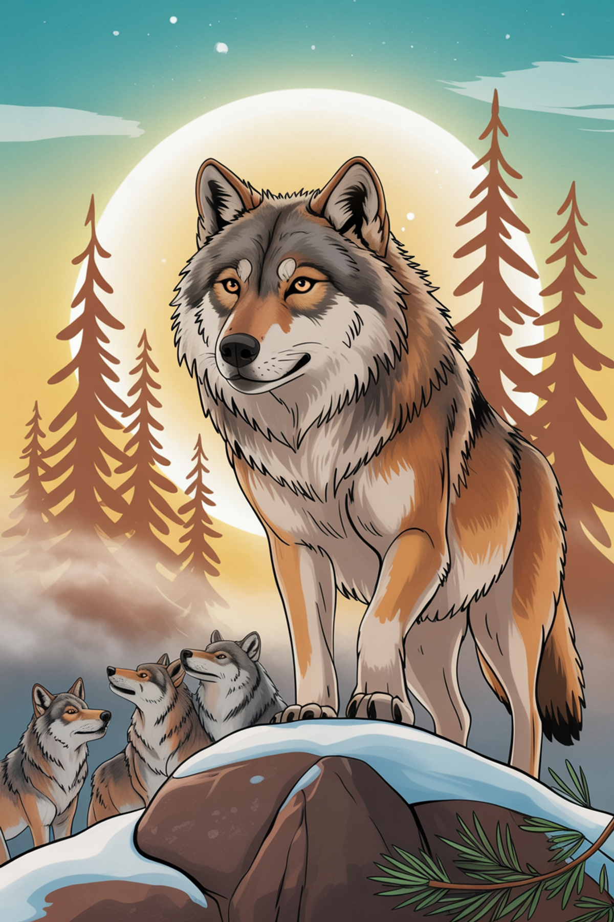 Illustration zur Gute-Nacht-Geschichte „Ruffy und der verlorene Wolfshäuptling - eine Geschichte mit einem Wolf“