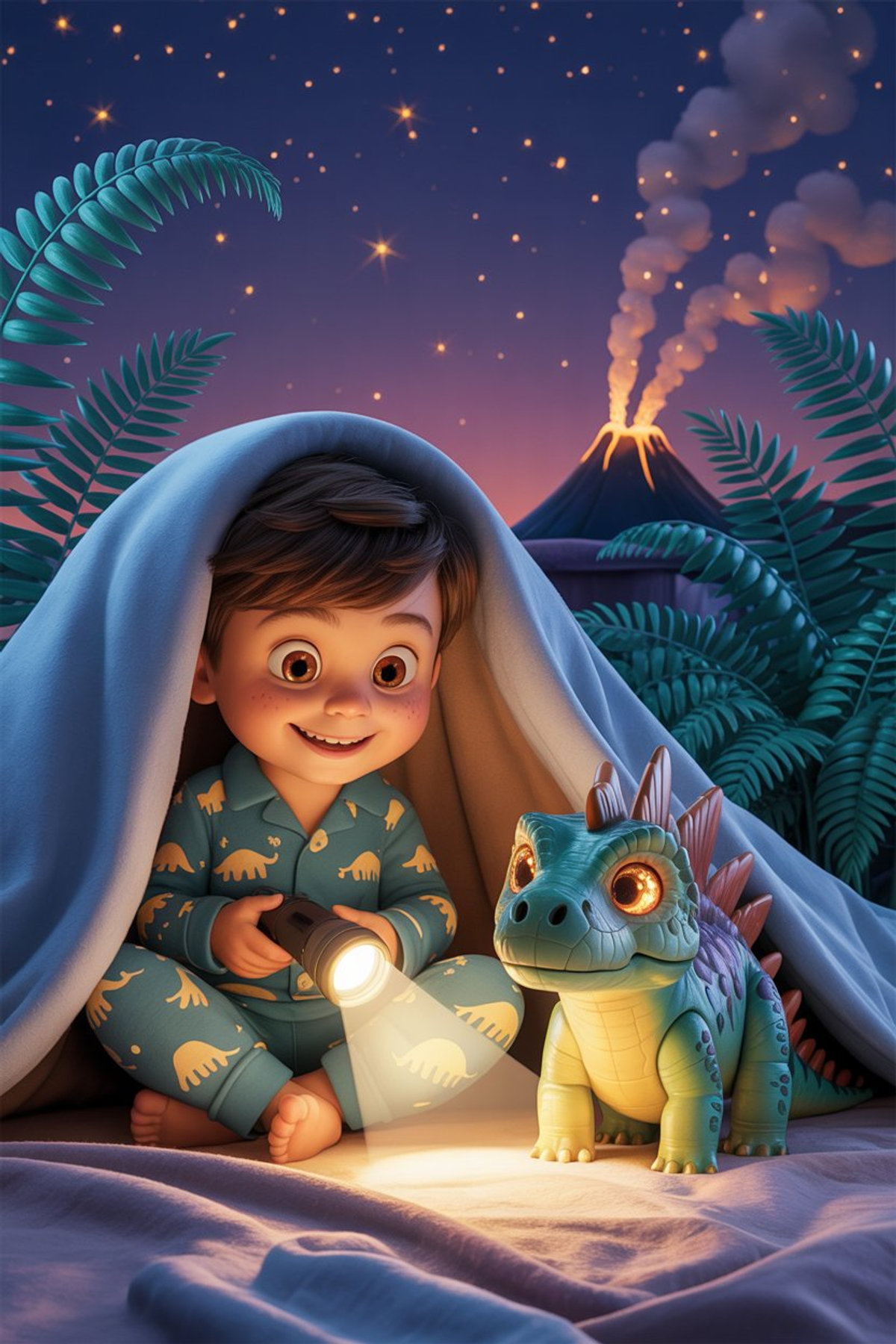 Illustration zur Gute-Nacht-Geschichte „Die Dino-Decken-Festung - eine Dinosaurier-Gute-Nacht-Geschichte“