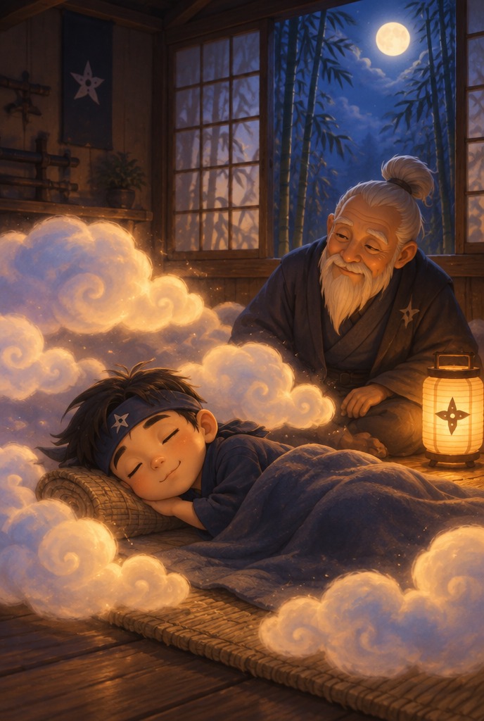 Illustration zur Gute-Nacht-Geschichte „Der kleine Ninja und das Kissen aus Wolken“