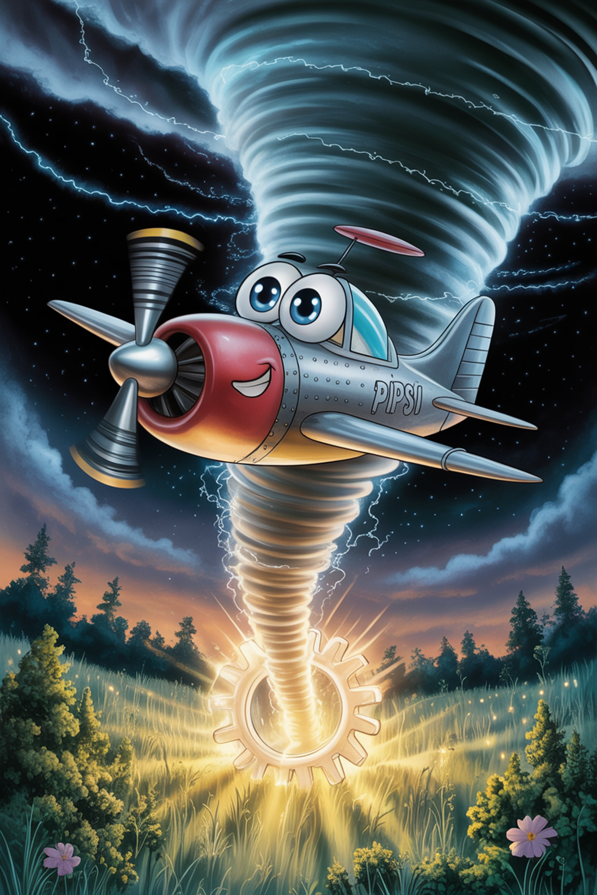 Illustration zur Gute-Nacht-Geschichte „Pipsi Propeller und der Tornado - eine Gute-Nacht-Geschichte mit Flugzeugen“