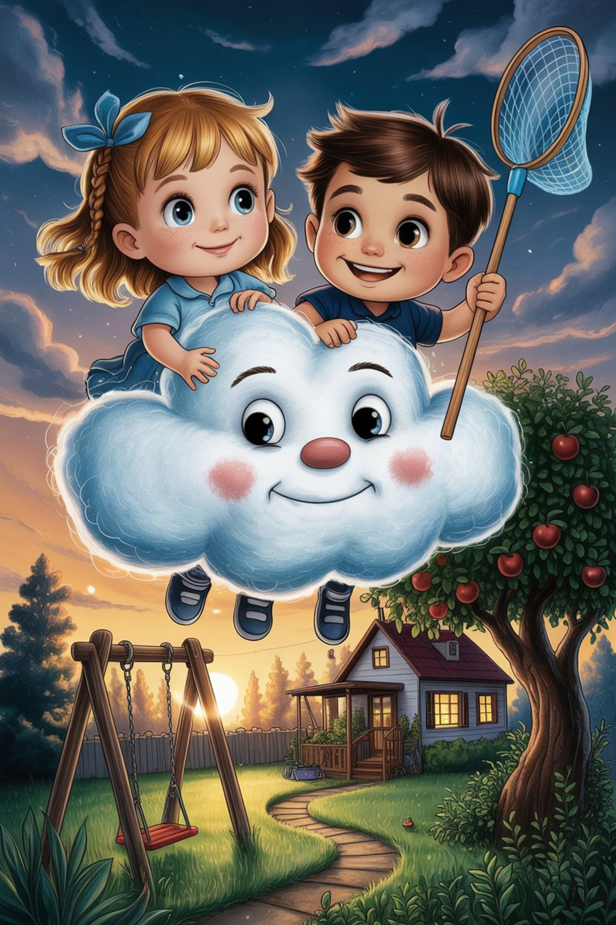 Illustration zur Gute-Nacht-Geschichte „Als wir eine Wolke fingen oder sie uns - eine luftige Gute-Nacht-Geschichte“
