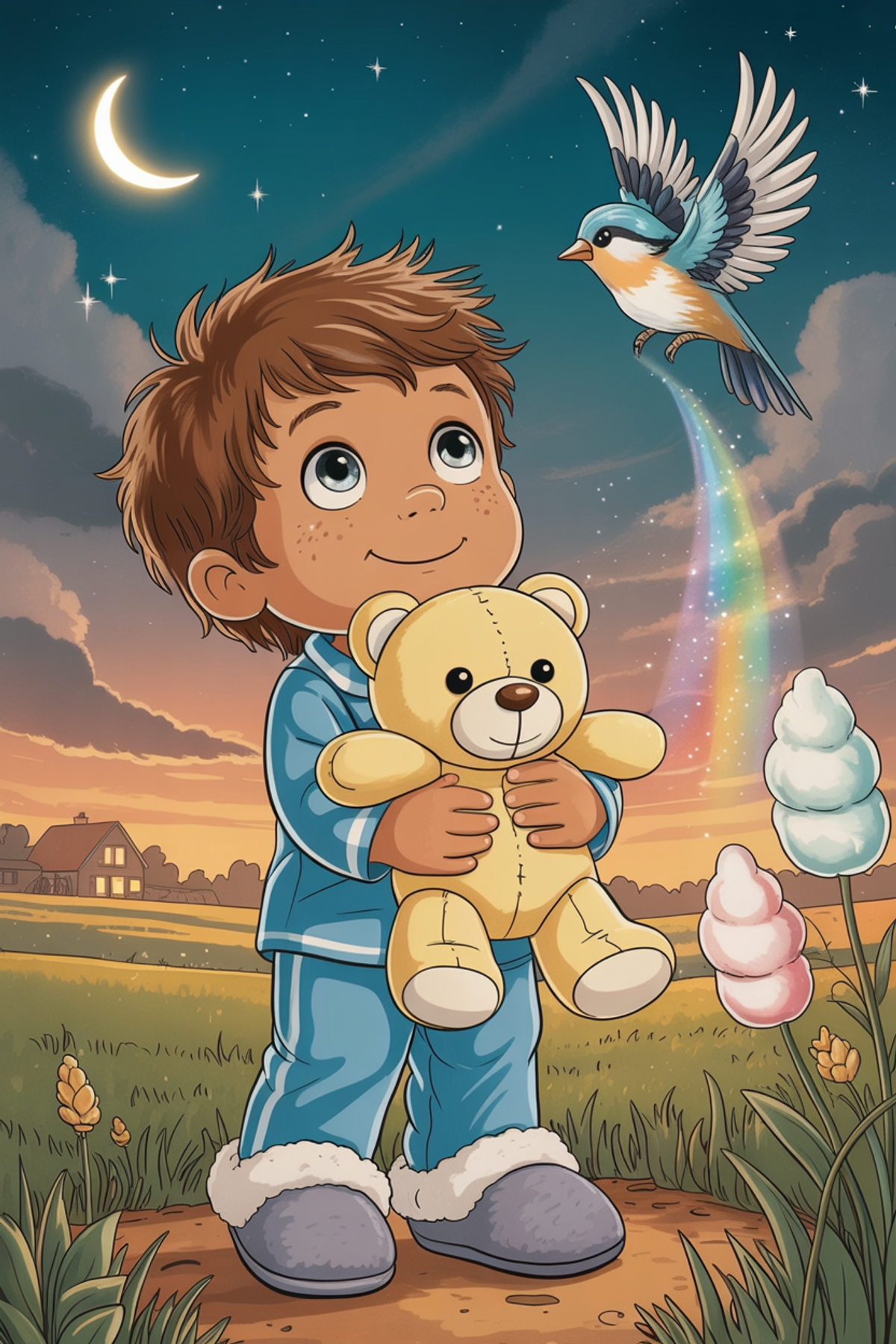 Illustration zur Gute-Nacht-Geschichte „Wenn Mut wie Zuckerwatte schmeckt - eine Geschichte über Mut“
