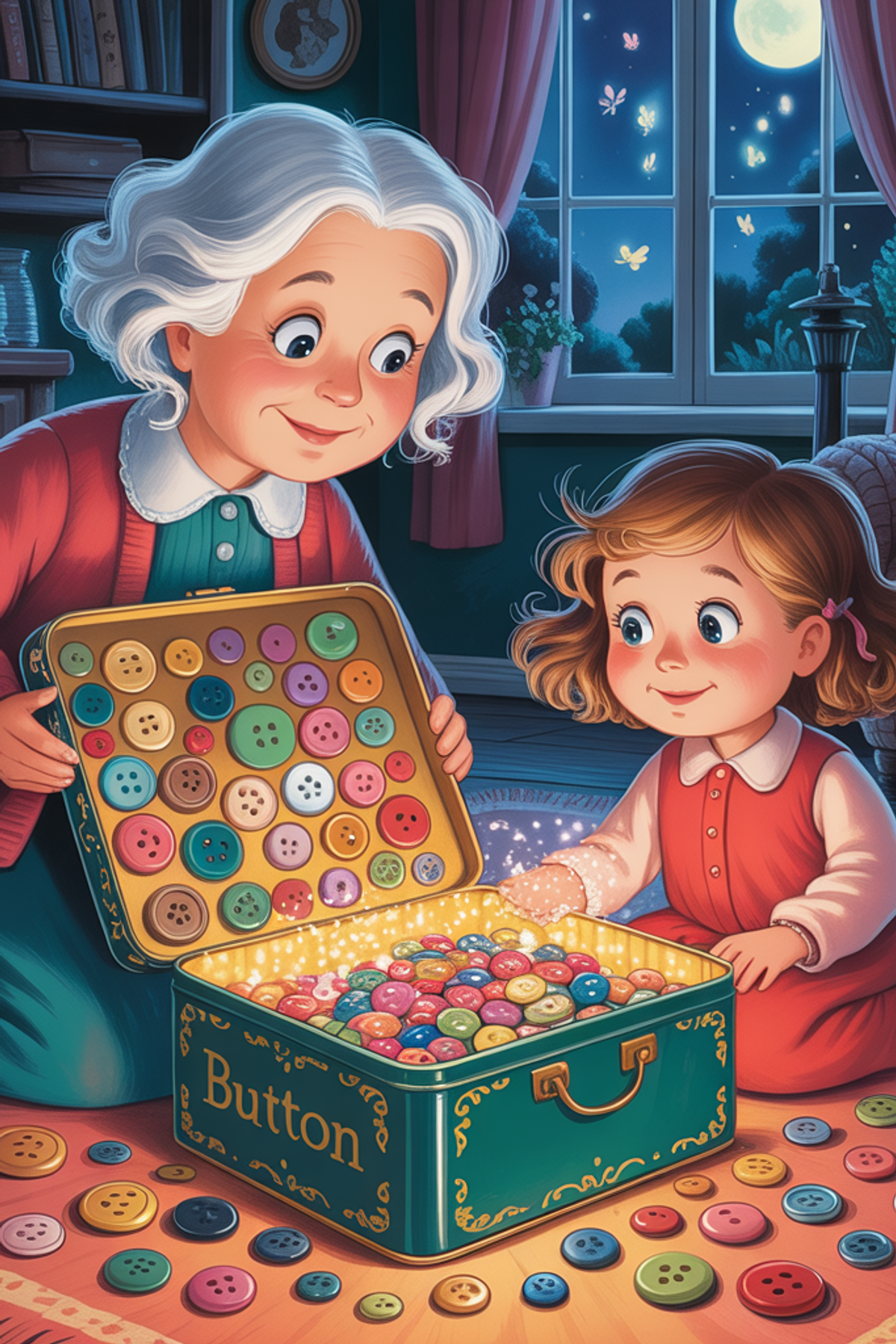 Illustration zur Gute-Nacht-Geschichte „Omas Knopfbox voller Erinnerungen - Gute-Nacht-Geschichte“
