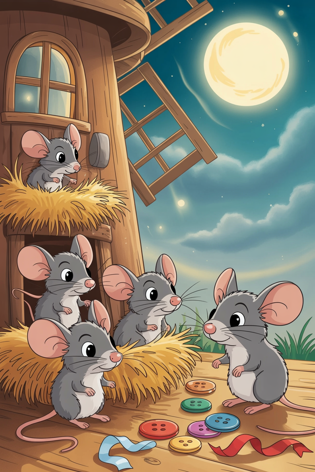Illustration zur Gute-Nacht-Geschichte „Als die Mäuse die alte Mühle eroberten - eine klitzekleine, spannende Kindergeschichte“