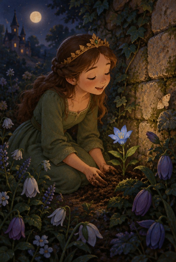 Illustration zur Gute-Nacht-Geschichte „Prinzessin Rosalind und der schlafende Garten“