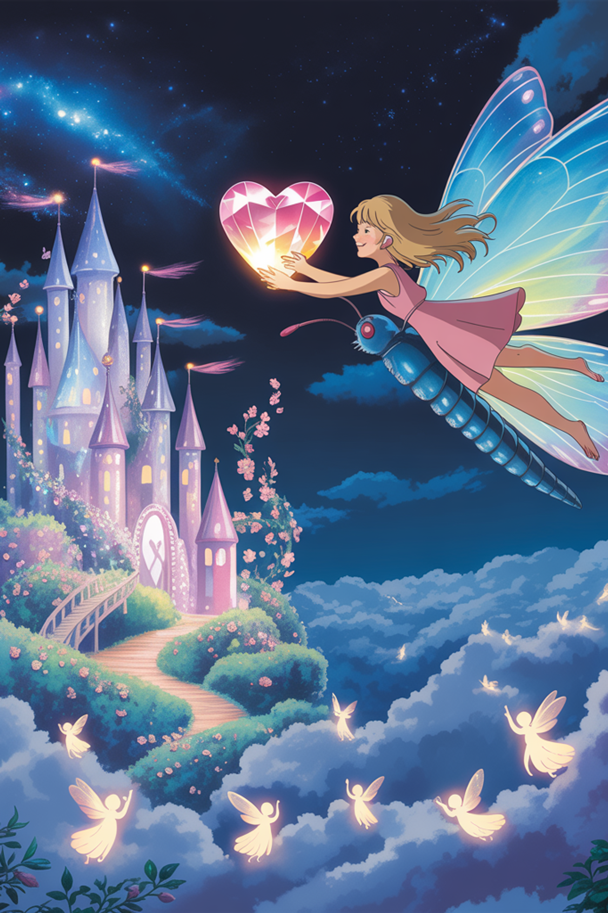 Illustration zur Gute-Nacht-Geschichte „Das fliegende Schloss der Feen - eine fantasievolle Geschichte zum Einschlafen“