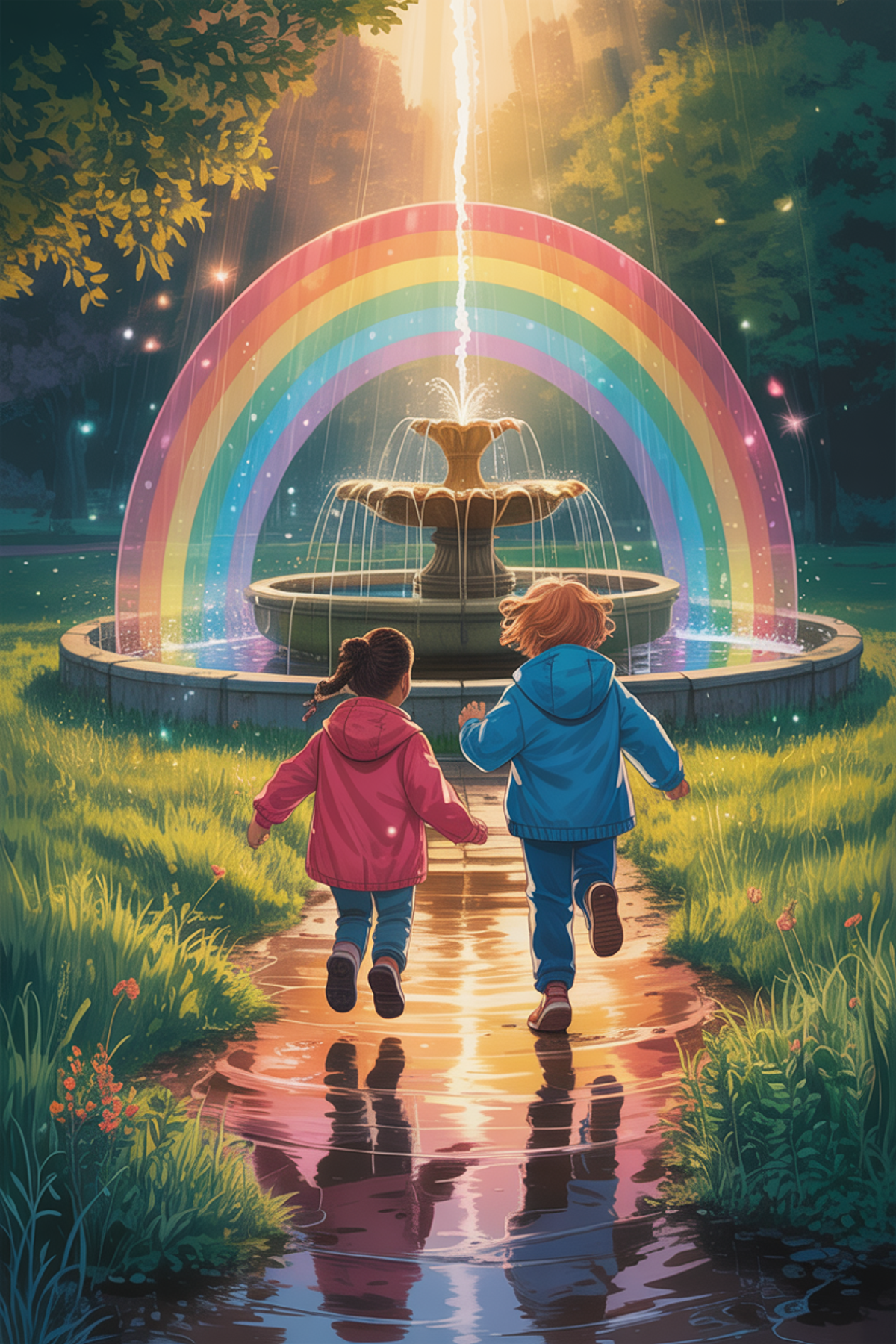 Illustration zur Gute-Nacht-Geschichte „Wie Claudia und Giann den größten Regenbogen der Stadt jagten - eine bunte Gute-Nacht-Geschichte“