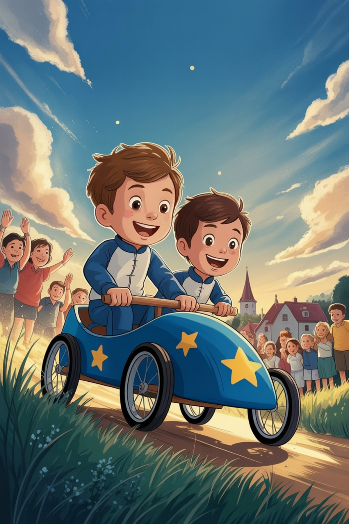 Illustration zur Gute-Nacht-Geschichte „Das große Seifenkistenrennen - eine Geschichte mit Fahrzeugen“