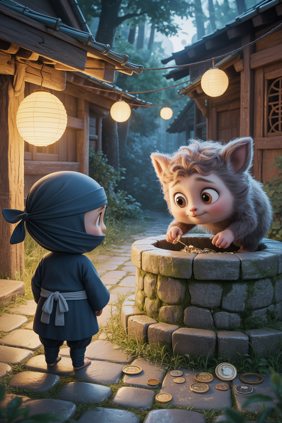 Illustration zur Gute-Nacht-Geschichte „Ninja Lou und der Dieb - eine spannende Gute-Nacht-Geschichte“
