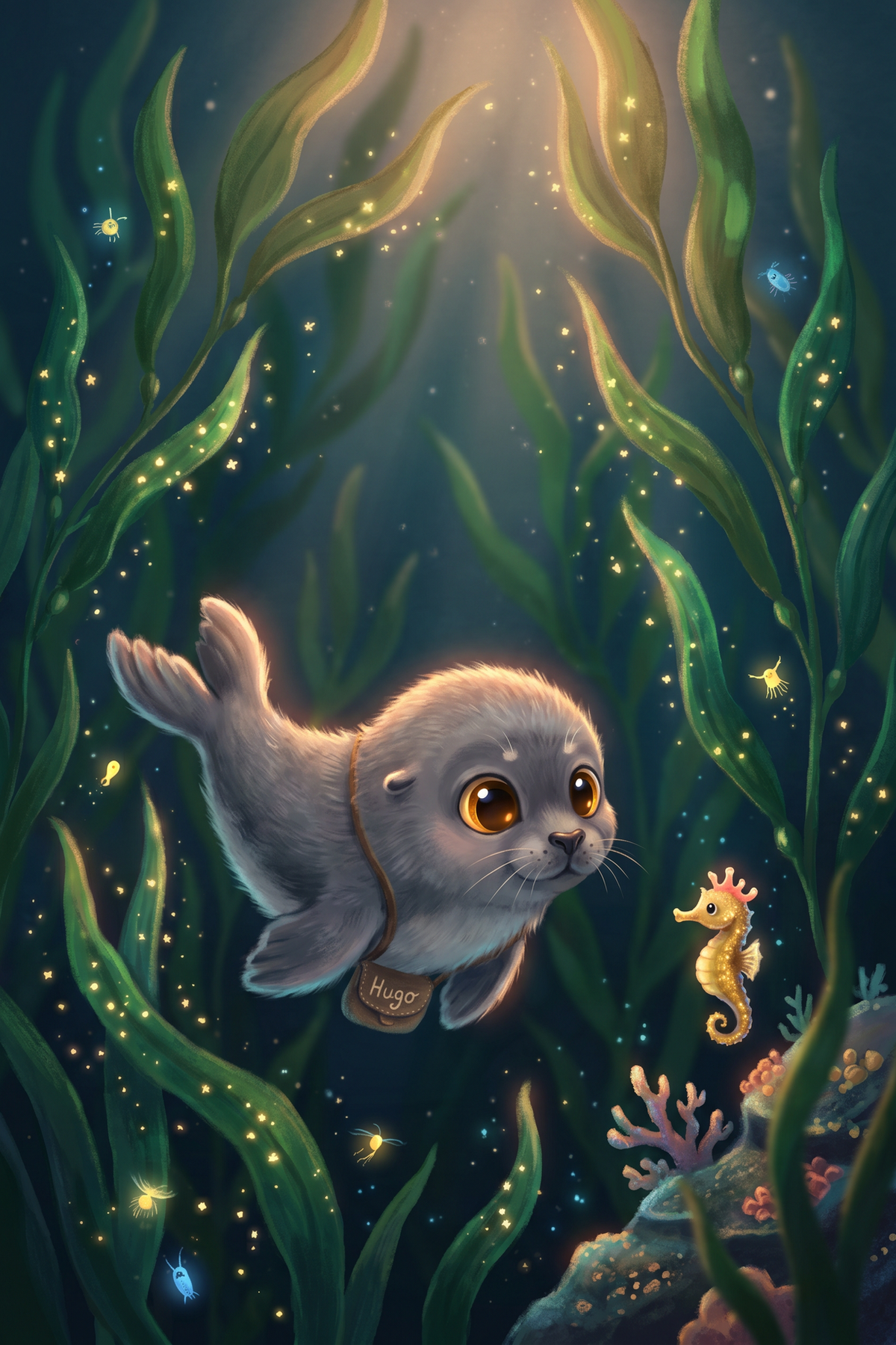 Illustration zur Gute-Nacht-Geschichte „Hugo der Seehund und der geheimnisvolle Tangwald - eine nasse Gute-Nacht-Geschichte“